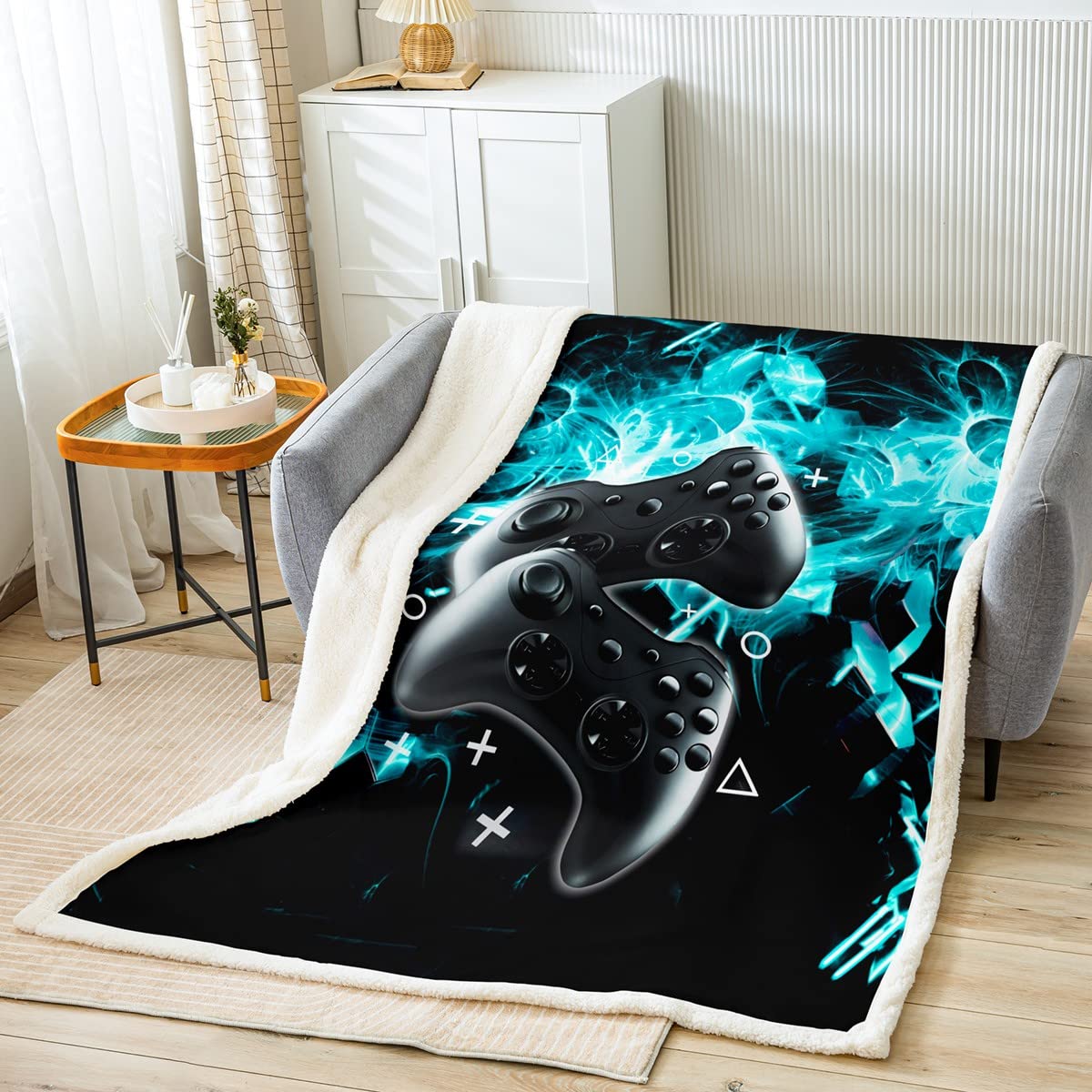 Loussiesd 3D Print Gamepad for Sofa Couch Bed Video Game Fleece Throw Blanket Black Gamer Teal Blue Room Decor Gaming Controller Sherpa Blanket King 87"x94" — image 1