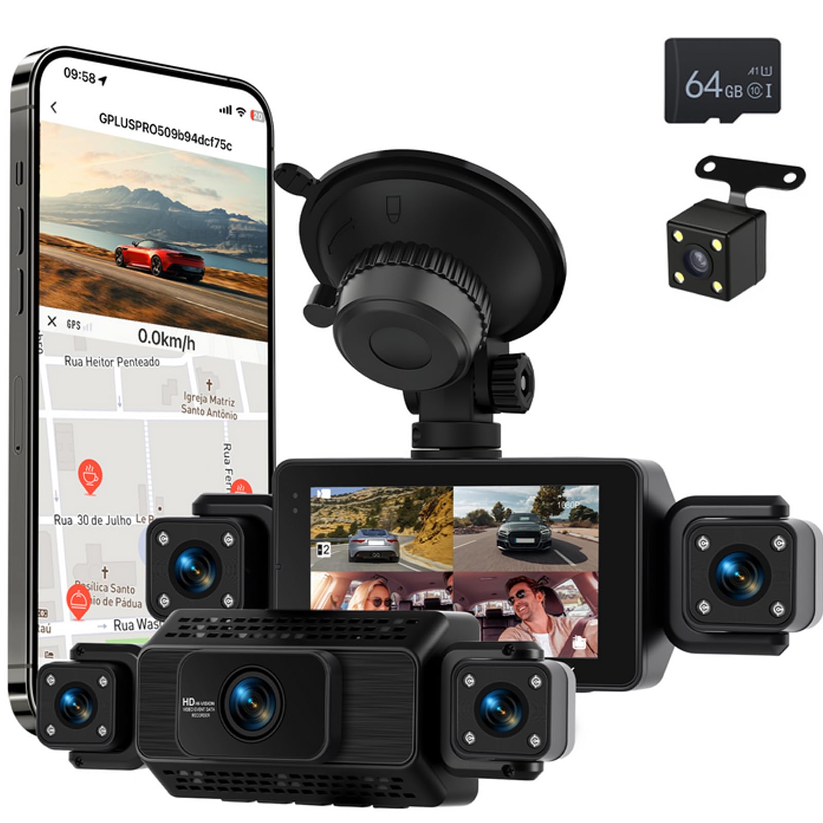 360 Degré 4 Canaux Tout Autour 1080P Car Dash Cam, 3 Pouces IPS Ecran avec WiFi/64GB/G-Sensor/Caméra Arrière/Mode Parking 24H/Vision de Nuit/Enregistrement en Boucle