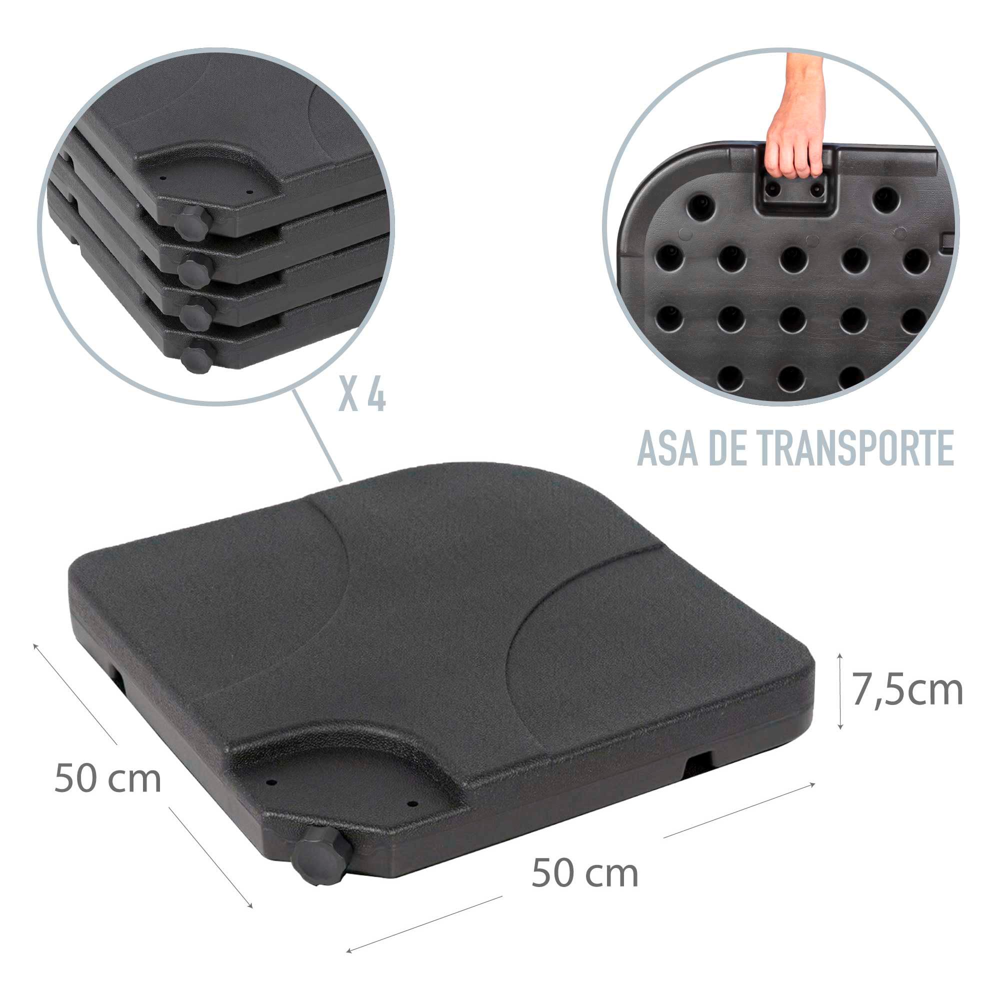 AKTIVE Base per ombrellone riempibile, 4 pezzi in HDPE nero 50x50x7,5 cm, fino a 80 kg con sabbia o 60 l di acqua, con maniglie e sistema di fissaggio (62196)