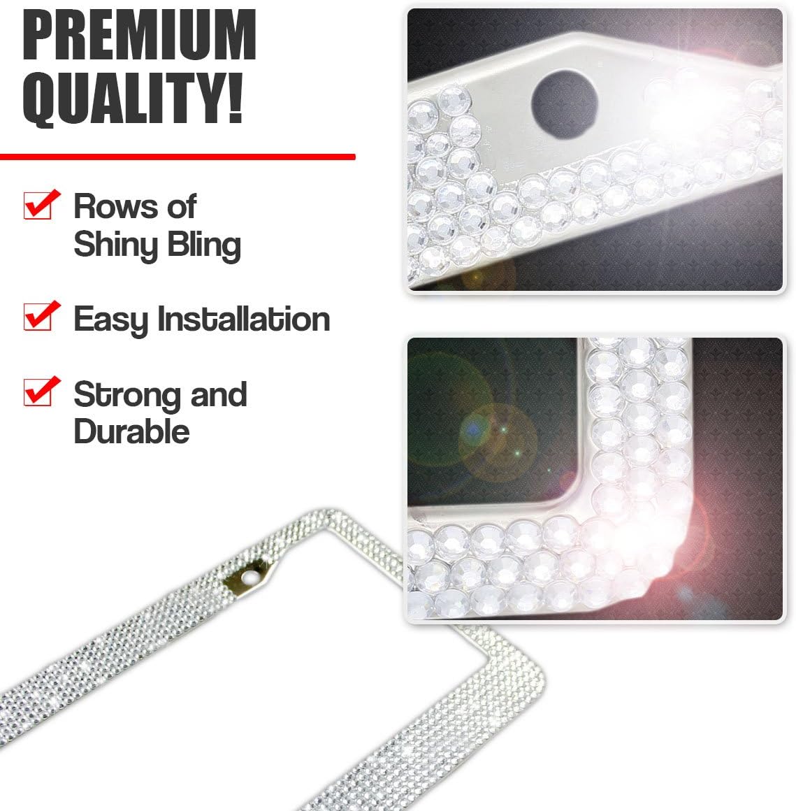 Zone Tech Shiny Bling License Plate Cover Frame - 2-Pack Crystal Bling Premium Quality Novelty/License Plate Frame with Mounting Screws