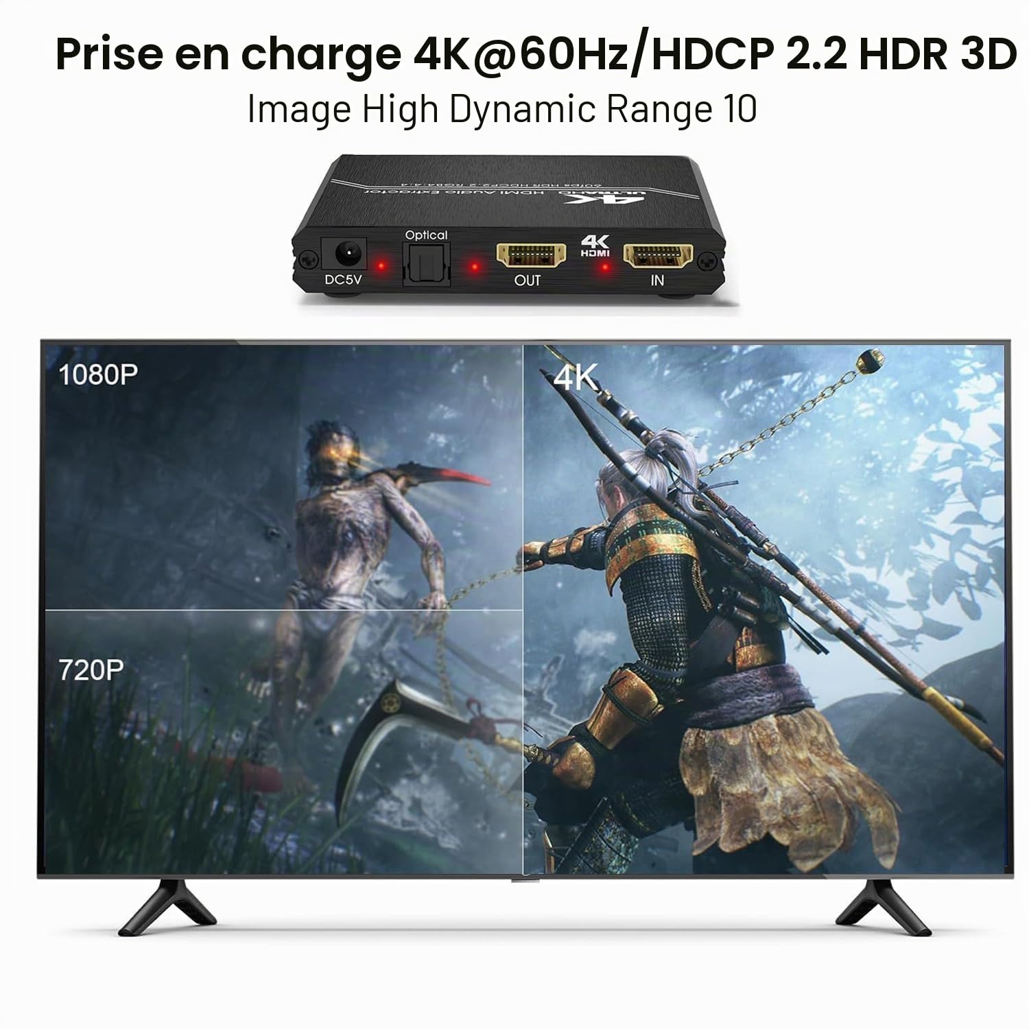 Diviseur audio HDMI 2.0 4K HDMI vers SPDIF optique Toslink 3,5 mm AUX stéréo RCA L/R convertisseur audio avec contrôle du volume, compatible avec 4K @ 60 Hz HDCP 2.2 HDR 3D YUV 4:4:4