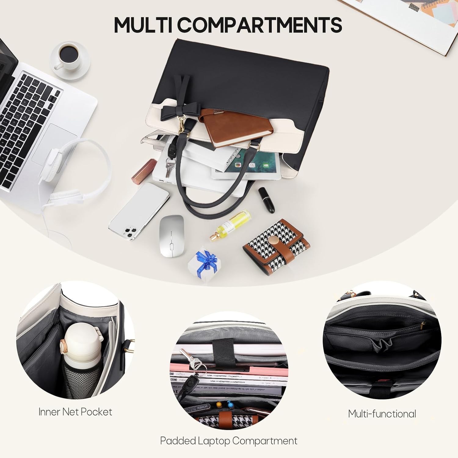 RAINSMORE Laptop Bags for Women 15.6 Inch Large Laptop Tote Bag PU Leather Ladies Laptop Handbag with Clutch Bag Water Resistant Work Bags for Business Office School Casual image 3