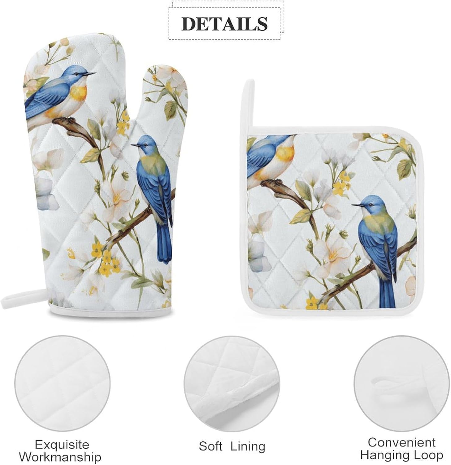 Oven Mitts Pot Holders Kitchen Watercolor Flowers and Birds Heat Resistant Oven Glove for Baking and Cooking