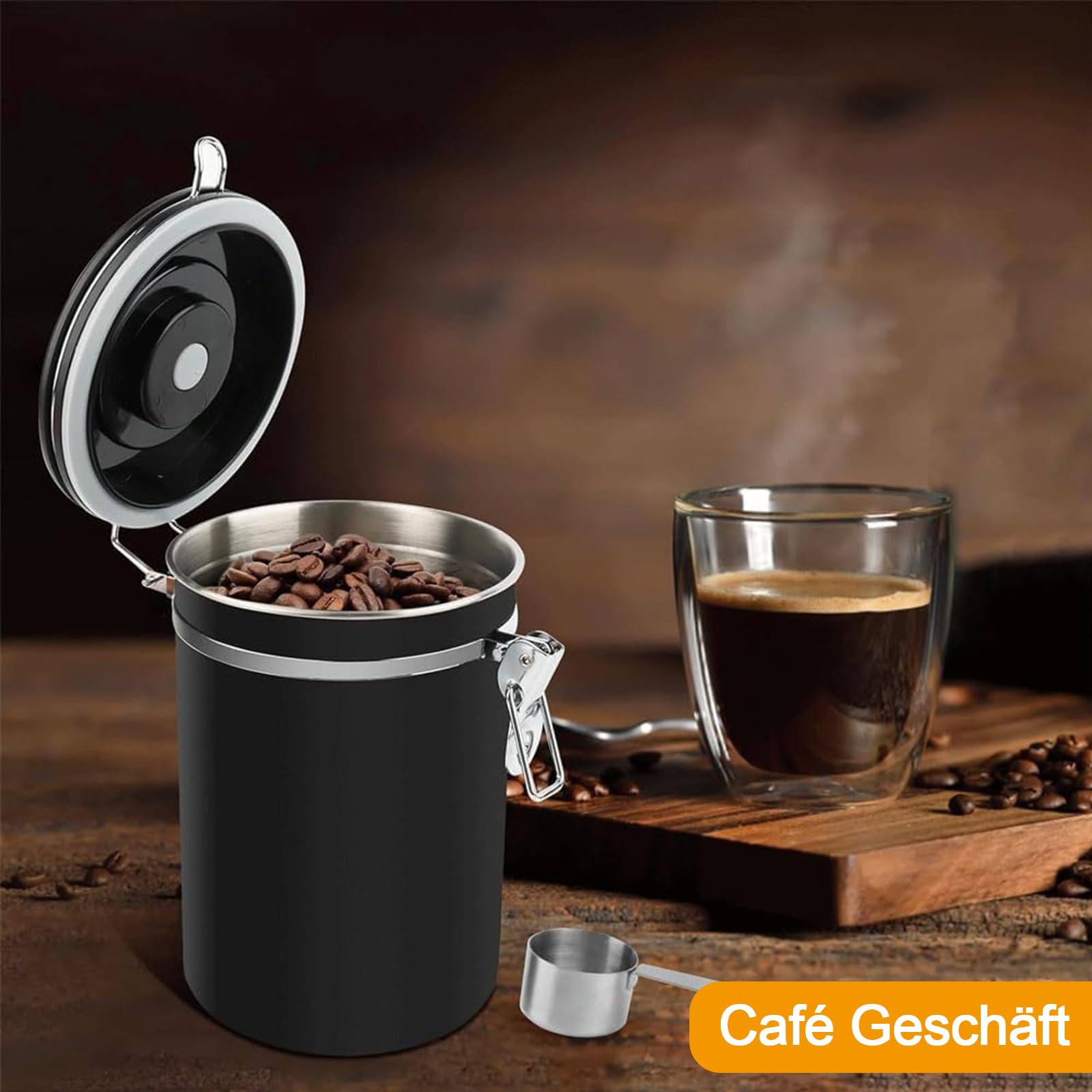 Kaffeedose Luftdicht aus Edelstahl, 1,8L Kaffeedose Luftdicht, Kaffeebohnen Behälter,Kaffee Dose,Mit Messlöffel und Datumsanzeige, für Kaffeebohnen Tee Nüsse Kakao Länger und Frisch,Weiß (Schwarz)