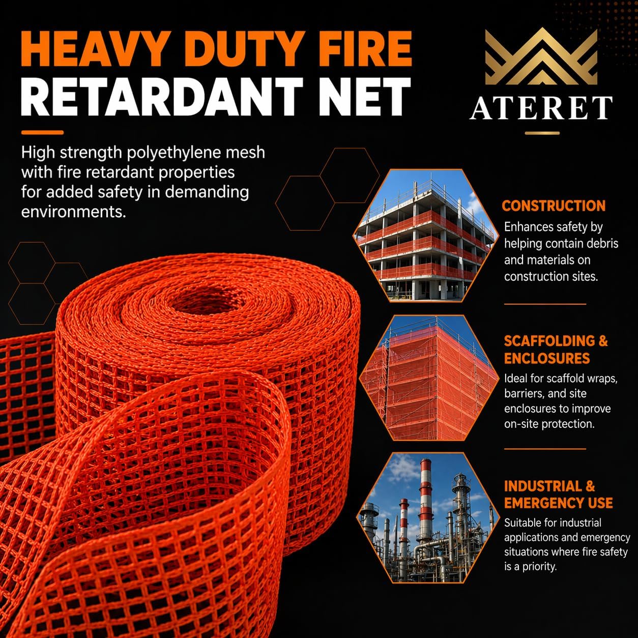 ATERET 4' x 150' Debris Safety Netting Orange Fire Retardant, Construction Netting Scaffolding Equipment