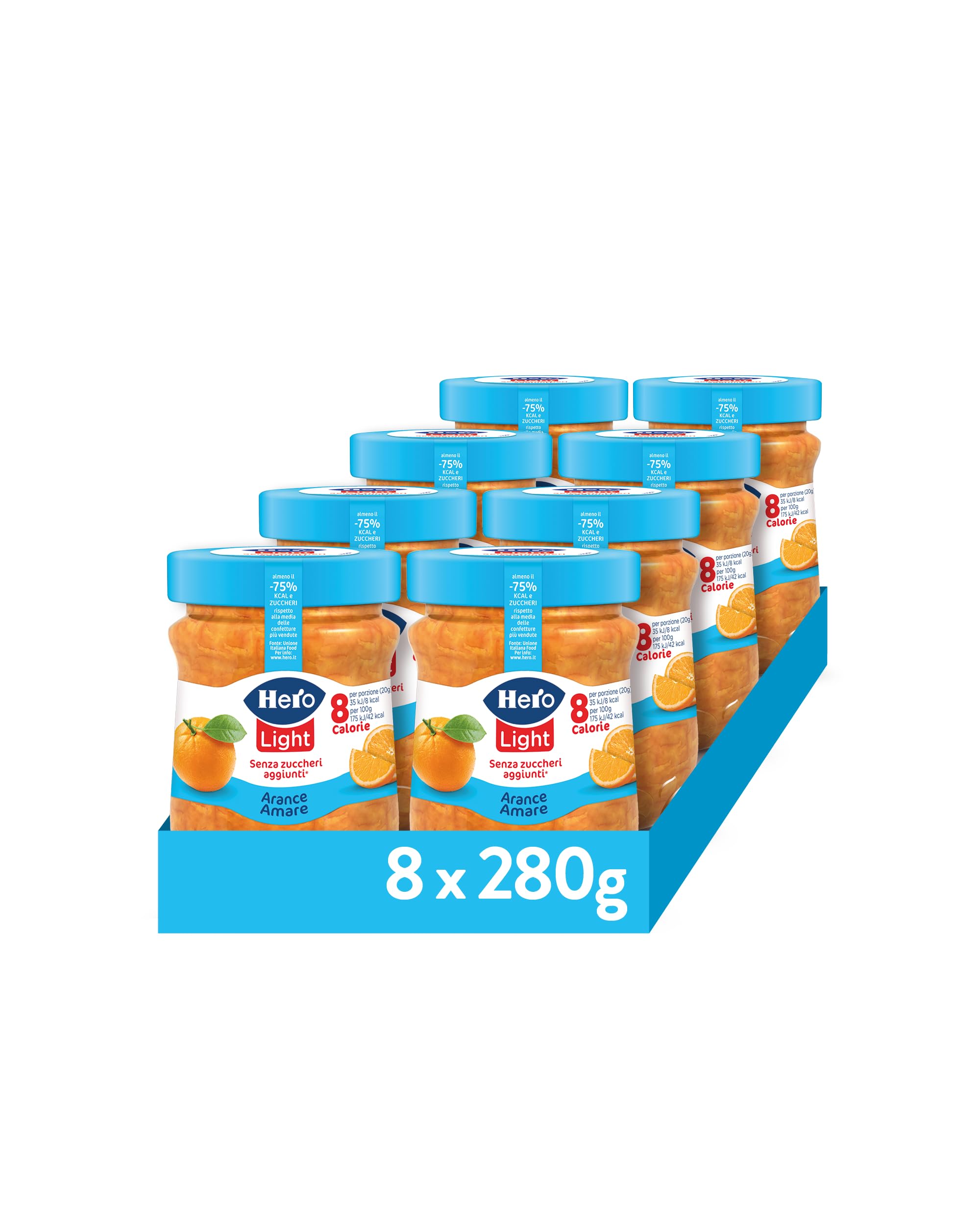 Hero Light Marmellata di Arance Amare Light, 8 Vasetti da 280 gr, Marmellata e Confettura Extra, Frutta di Alta Qualità, senza conservanti e senza coloranti, Pochissime Calorie per Porzione