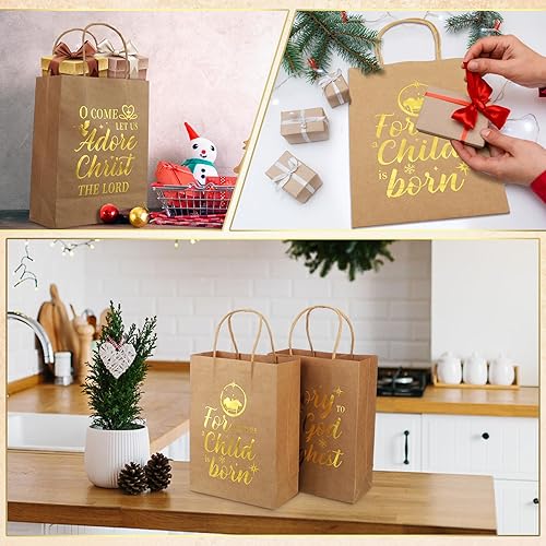 Miniatura 6 de Yeaqee 36 bolsas de papel kraft de Navidad, bolsas de regalo de papel kraft metálico dorado religioso, bolsas de regalo religiosas de Navidad con