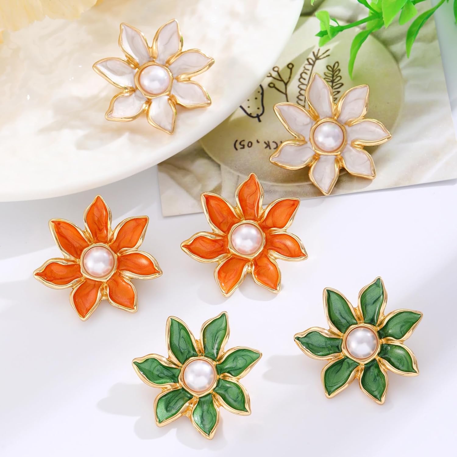 Pearl Flowers Earrings for Women,Vintage Colorful Dripping Oil Flower Earring Statement Embedded Pearl Flowers Earrings Summer Simplicity Jewelry - Image 5