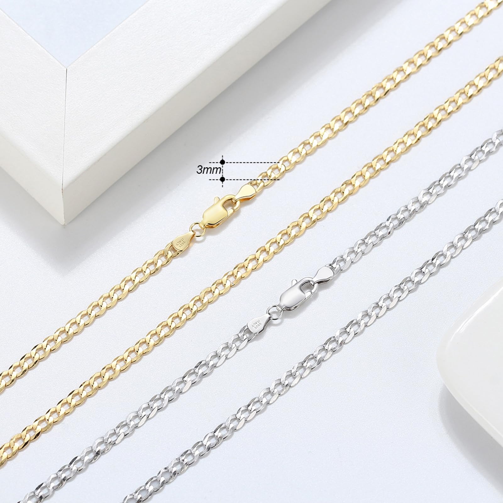 Catena Uomo Donna Argento 925, 3mm Collana a Catena Curb Lucida 40-60cm
