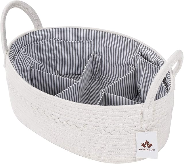 AUNHUIT Extra Large Baby Nappy Caddy Organiser Woven Cotton Rope Baby Shower Basket [8 Pockets+5 compartments] Nursery Storage Bin Portable Car Travel Changing Bag Newborn Registry Boy Girl(White)