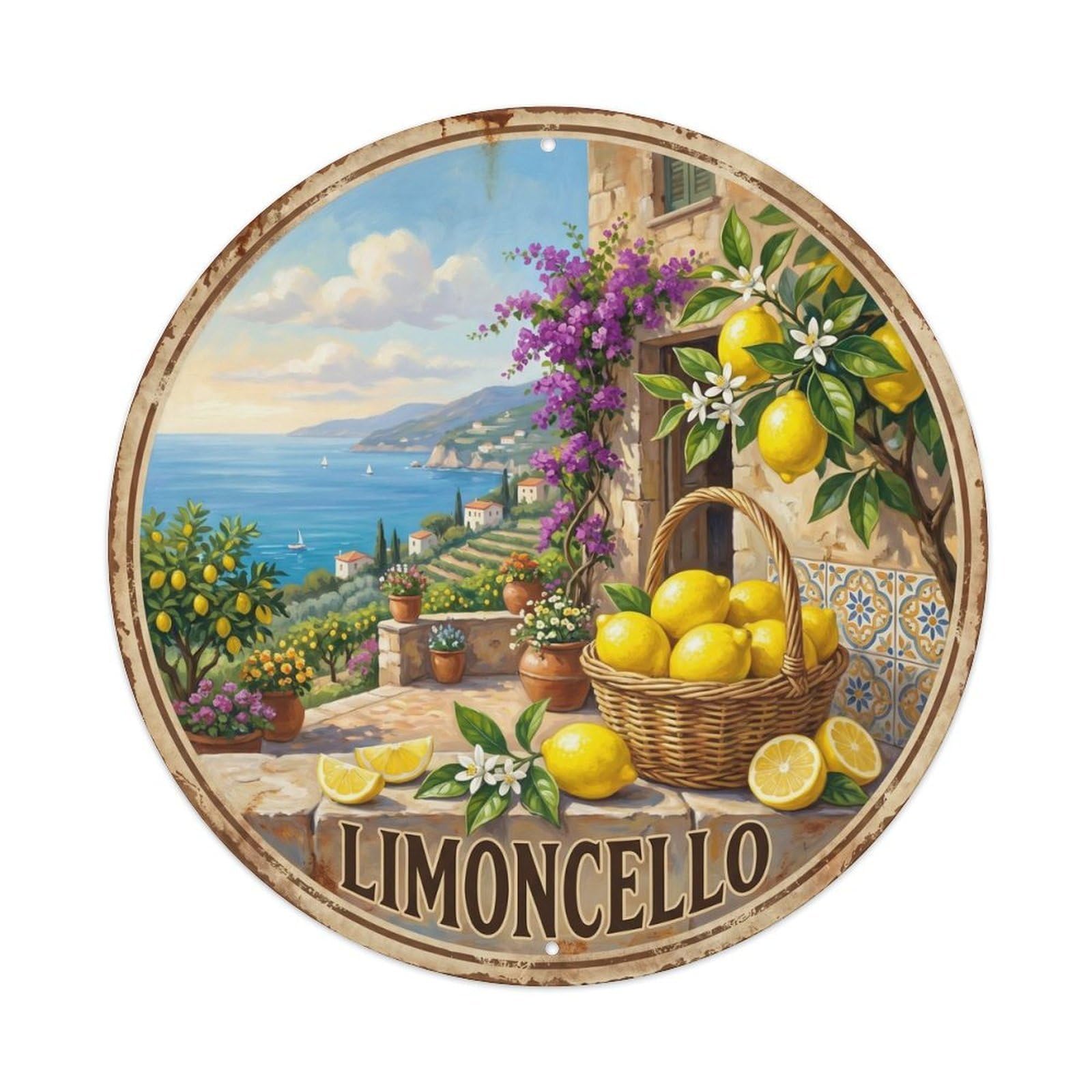 Fqcyn Style Mediterranean Limoncello Spirit（1） Metal Tin Sign Plaque Wall Decor For Cafe, Club Bar, Office, Home Garden Round Metal Poster 8X8inch