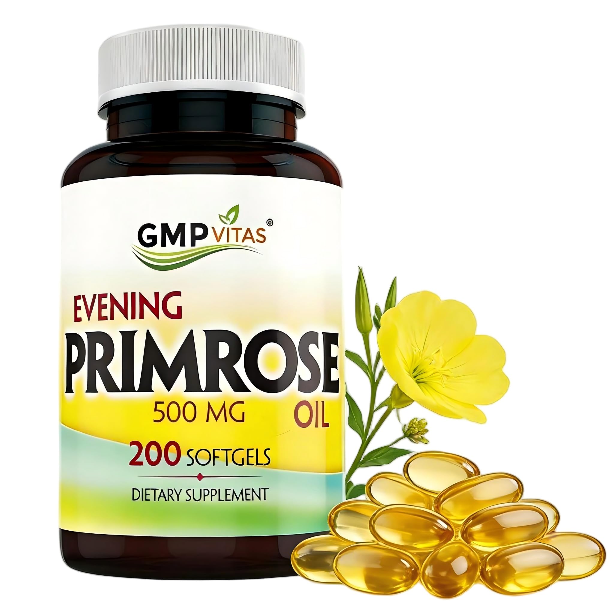 Evening Primrose Oil 500mg, 200 Softgels, Cold-Pressed with 45mg GLA, Non-GMO, Made in USA, Supports Women’s Hormonal Balance & Skin Health