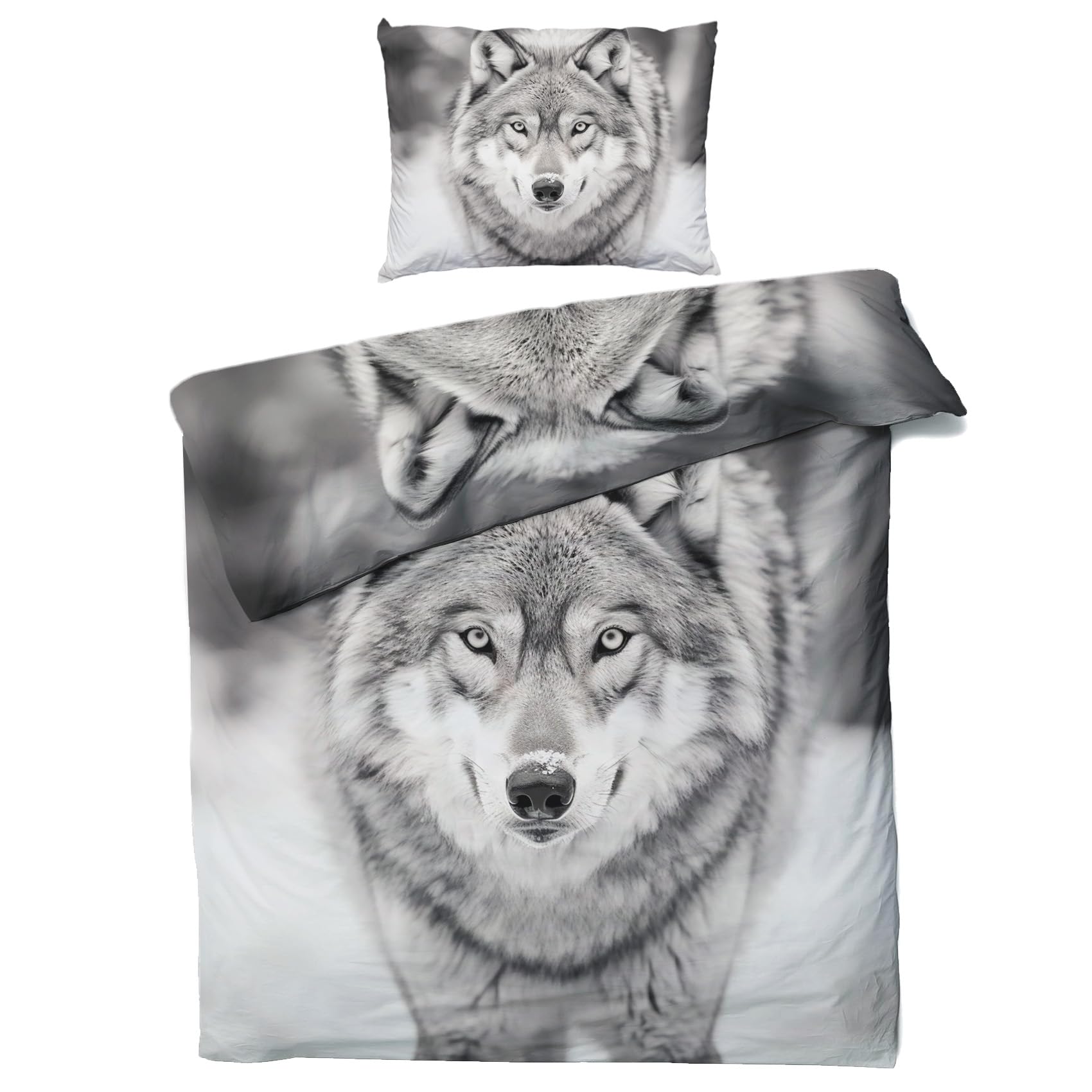 Wolf Bettwäsche-Set 3-teilig - 155x220cm, Weiche Mikrofaser, Wendbar Mit Reißverschluss