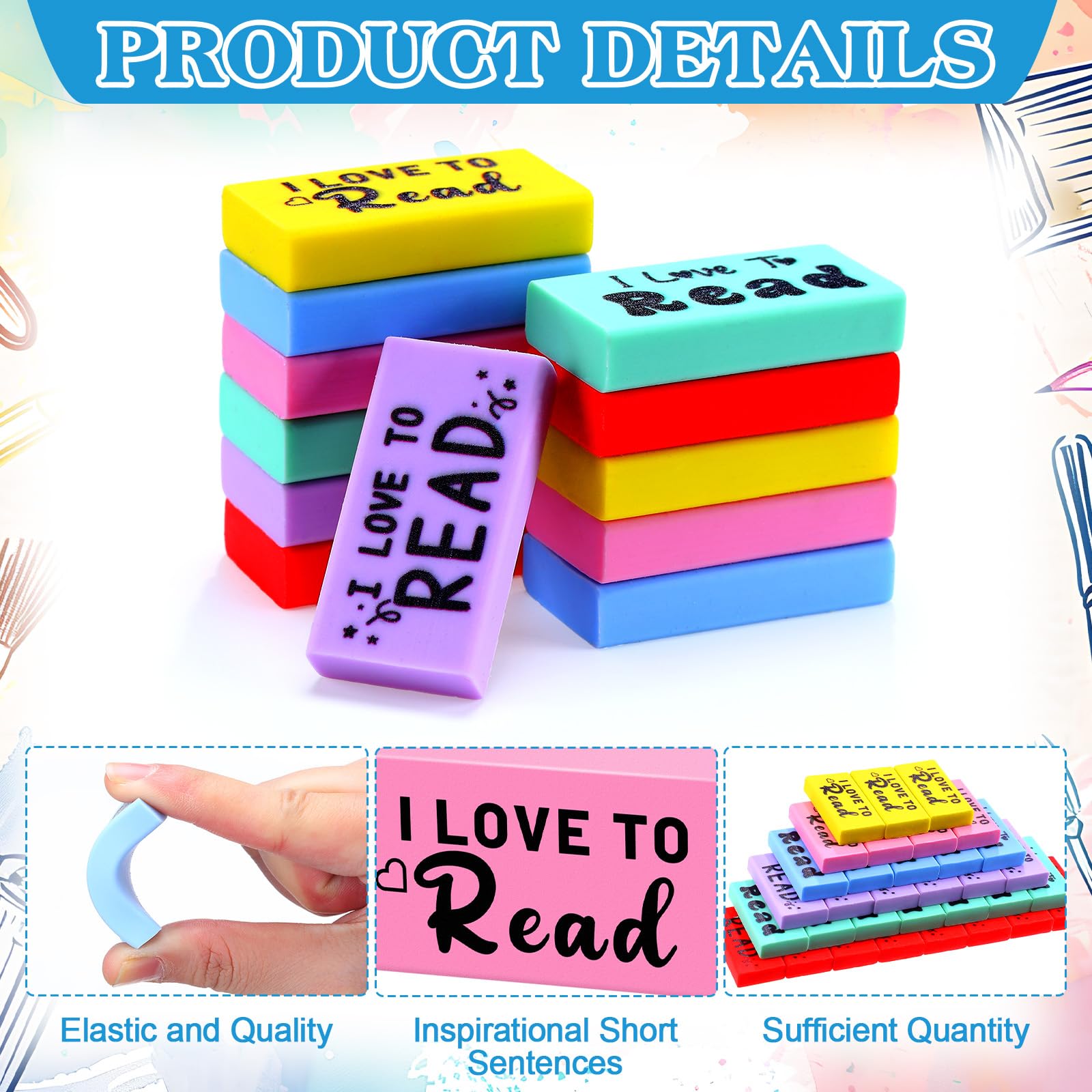 Dunzoom Lot de 300 gommes en vrac « I Love to Read » pour enfants, cadeaux inspirants pour récompenses en classe, récompenses pour enseignants, école