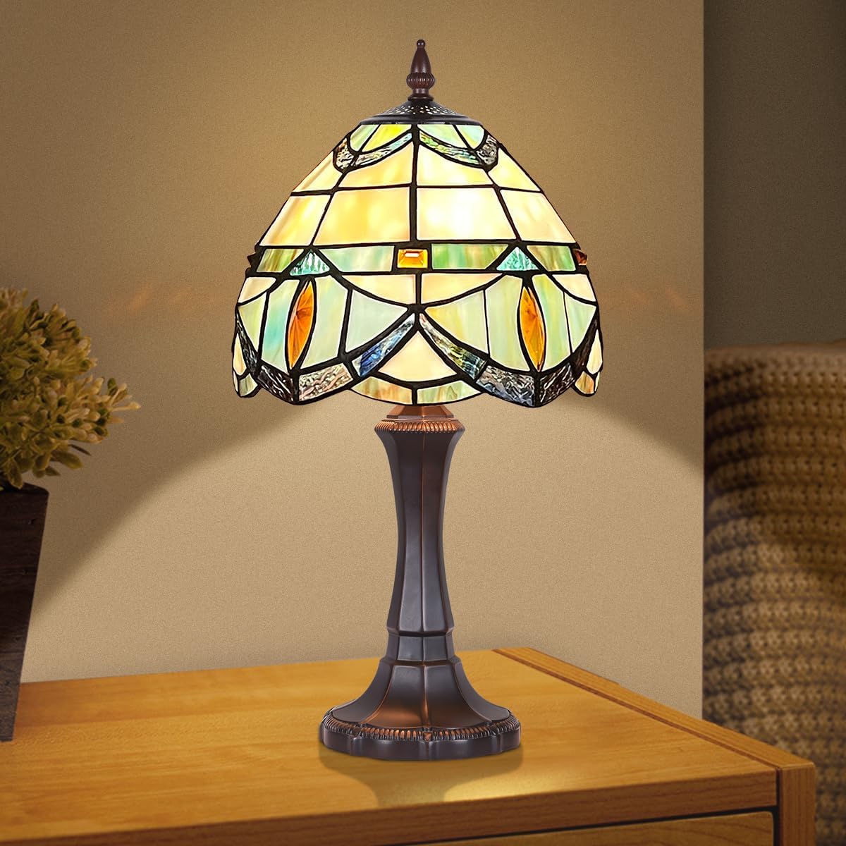 Tiffany Small Table Lamp Stained Glass Accent Table Light Antique Style Desk Lamp Vintage Bedside Lamp for Living Room Bedroom Nightstand
