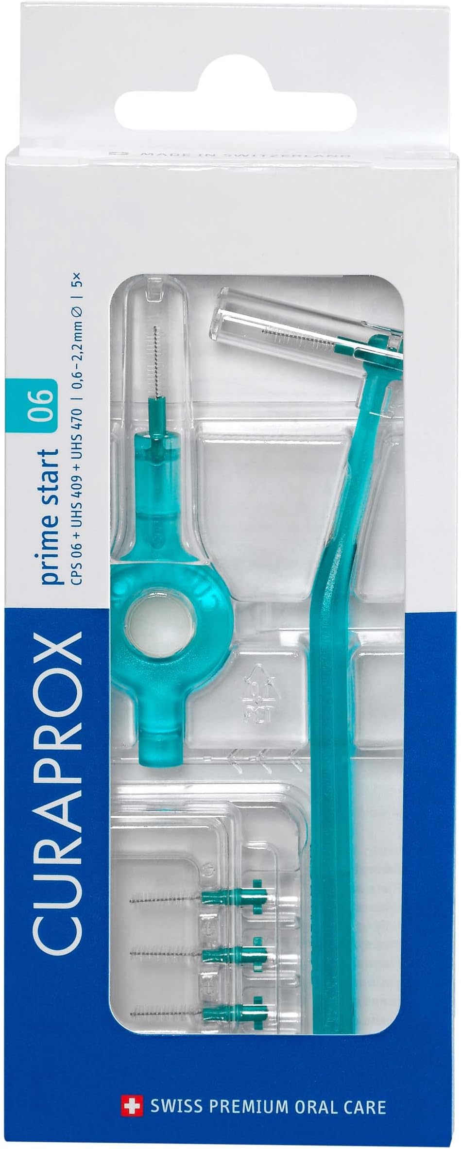 CPS 06 Prime Start Interdental Brushes Set, 5 interdental Brushes CPS 06 Prime + 1 Holder UHS 409 + 1 Holder UHS 470, 0.6 mm to 2.2 mm, Turquoise