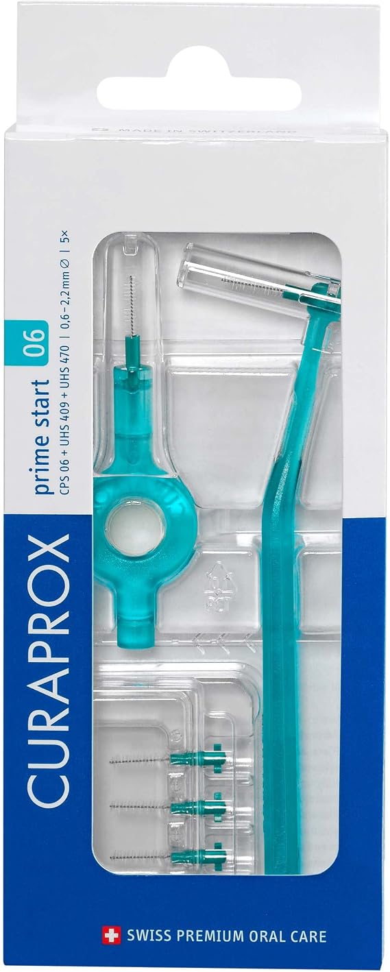 Curaprox CPS 06 Prime Start Interdental Brush Set | Starter Set with 5 Brushes | 2 Different Holders | Turquoise | 0.6 mm Diameter | 2.2 mm Effectiveness | Made in Switzerland