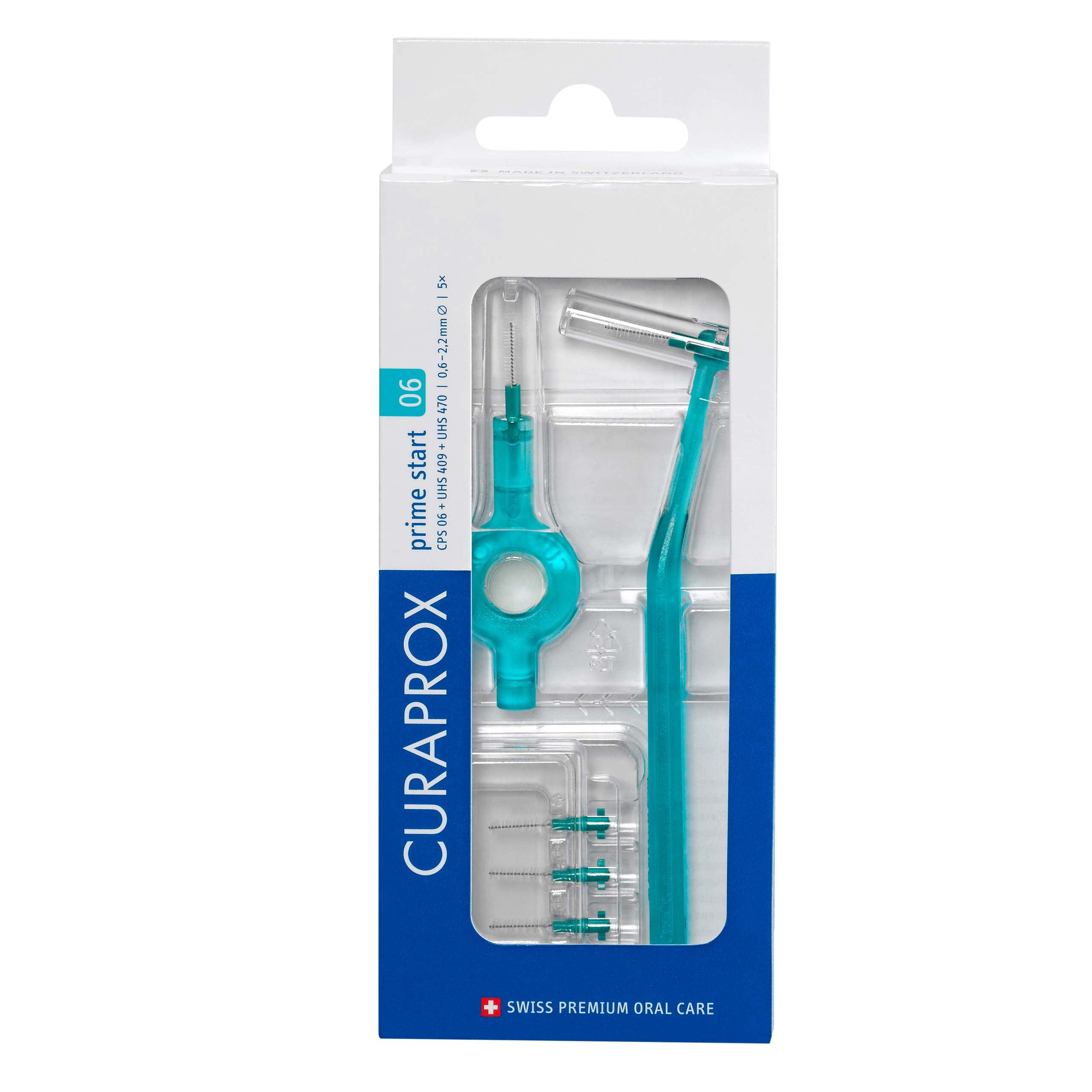 Curaprox interdental Brush Set CPS 06 Prime Start, Starter Set with 5 Brushes, 2 Different Holders, 2.2 mm Effectiveness, Turquoise