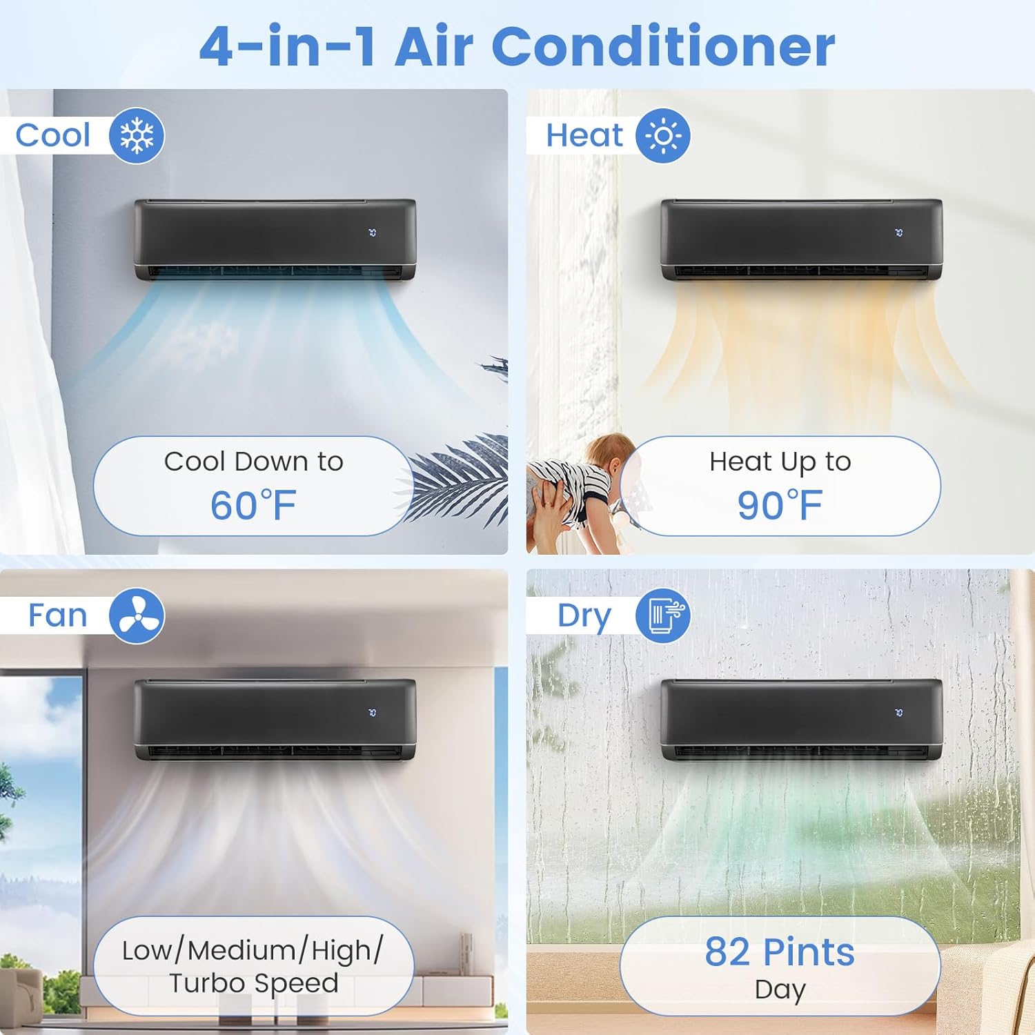 Four panels illustrating the Cool, Heat, Fan, and Dry modes of the air conditioner