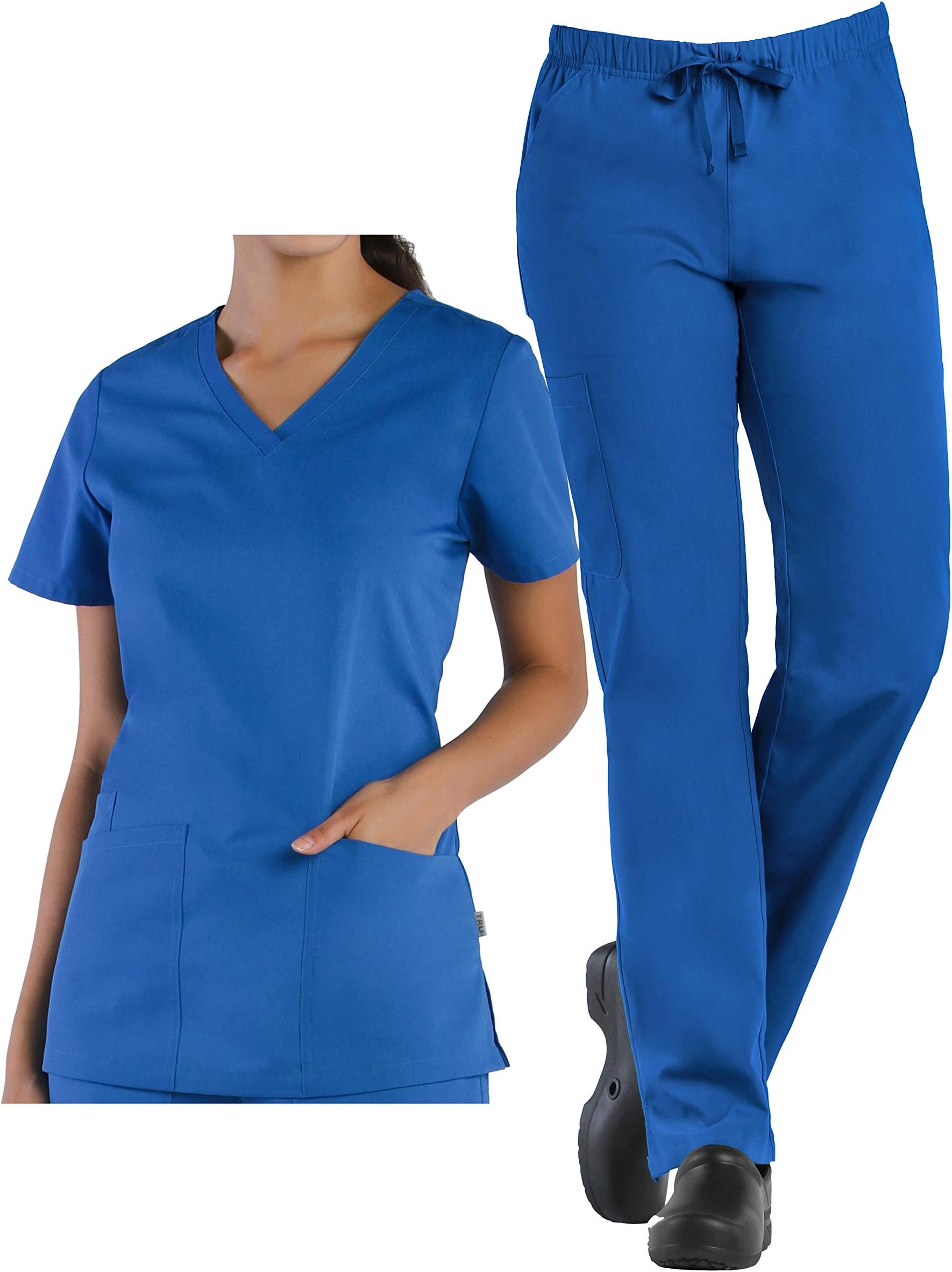 Medical Scrubs TRU Basic Womens V-Neck Top & Cargo Full Elastic Pant Scrub Set