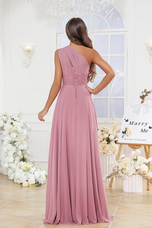 Qgeno One Shoulder Bridesmaid Dresses for Wedding Long Dusty Rose A Line Chiffon Formal Evening Party Gowns 2 by Qgeno - Image 3