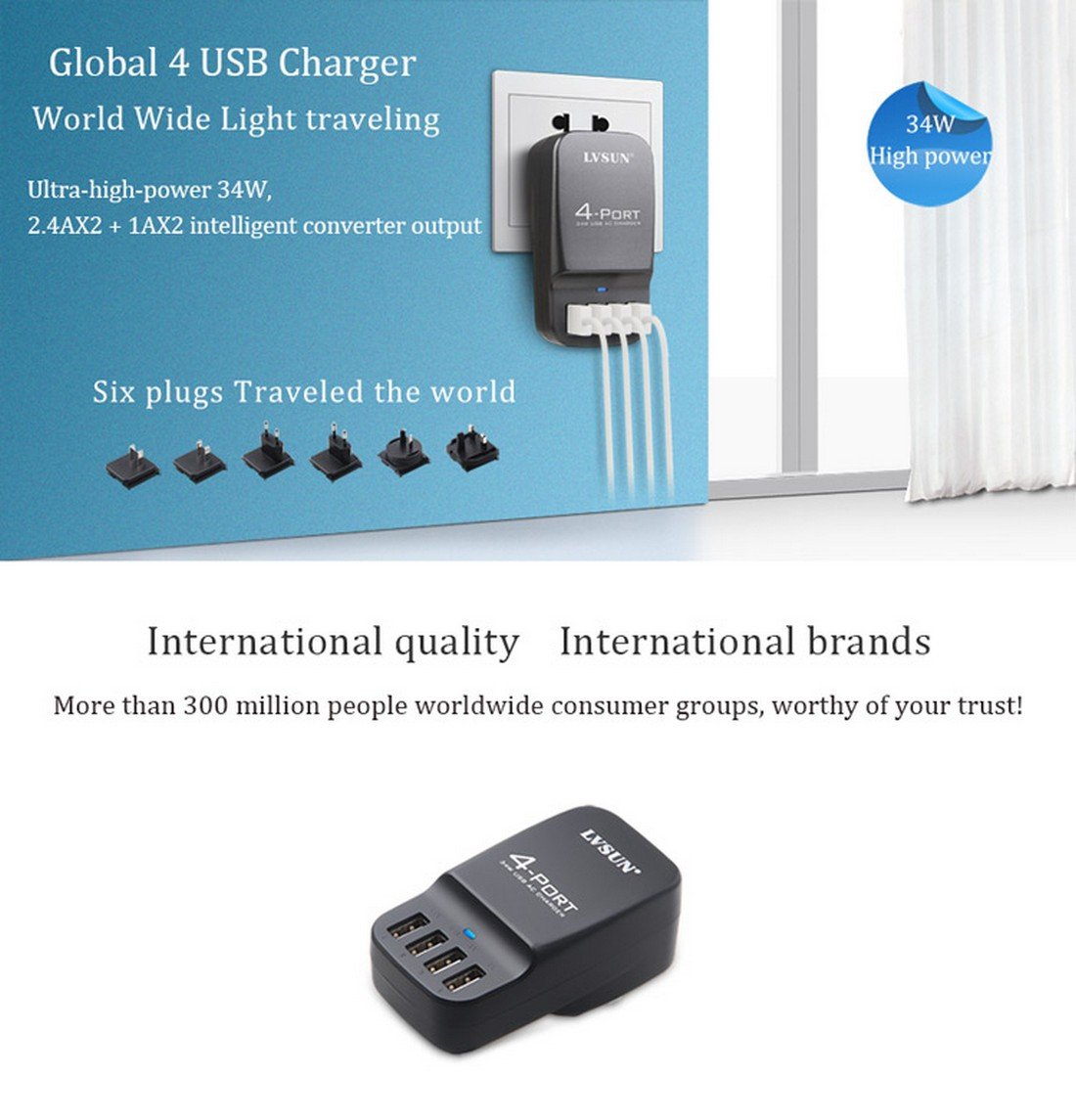 LS de 4U/4 Puerto USB Cargador de viaje con función de carga rápida (2 x 2,4 A y 2 x 1 a)/34 W/Negro