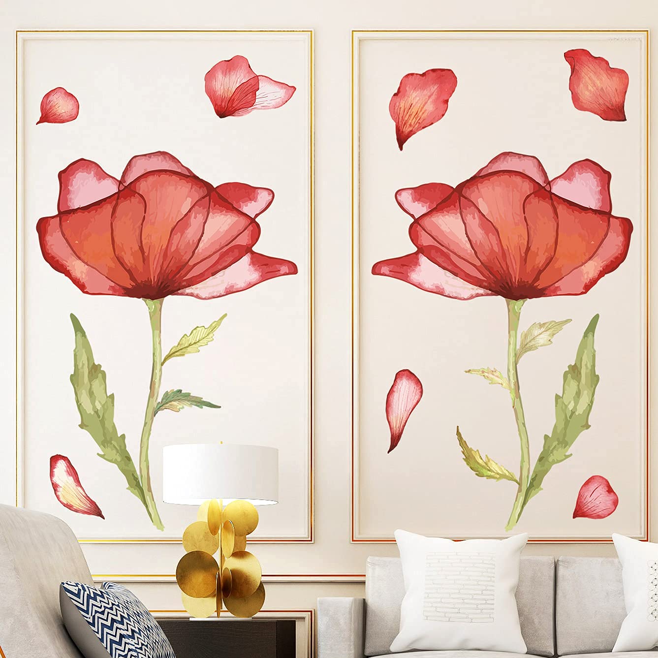 RW-5945 Red Flowers Wall Decals Poppy Flowers Wall Stickers Watercolor Floral DIY Removable Flowers Green Leaves Wall Art Murals for Kids Girls Bedroom Living Roon Nursery Office TV Background Decor
