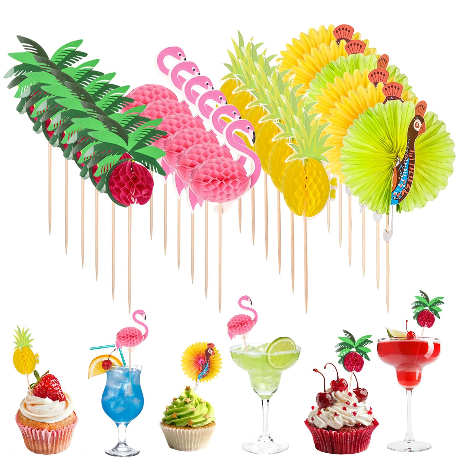 EKKONG 100 Pezzi Spiedini Cocktail in Legno, Decorazioni 3D Fenicottero Ananas Pavone Albero di Cocco, Spiedini Hawaiani per Feste Estive, Compleanni, Bar, Bevande, Torte, Cupcake (A)
