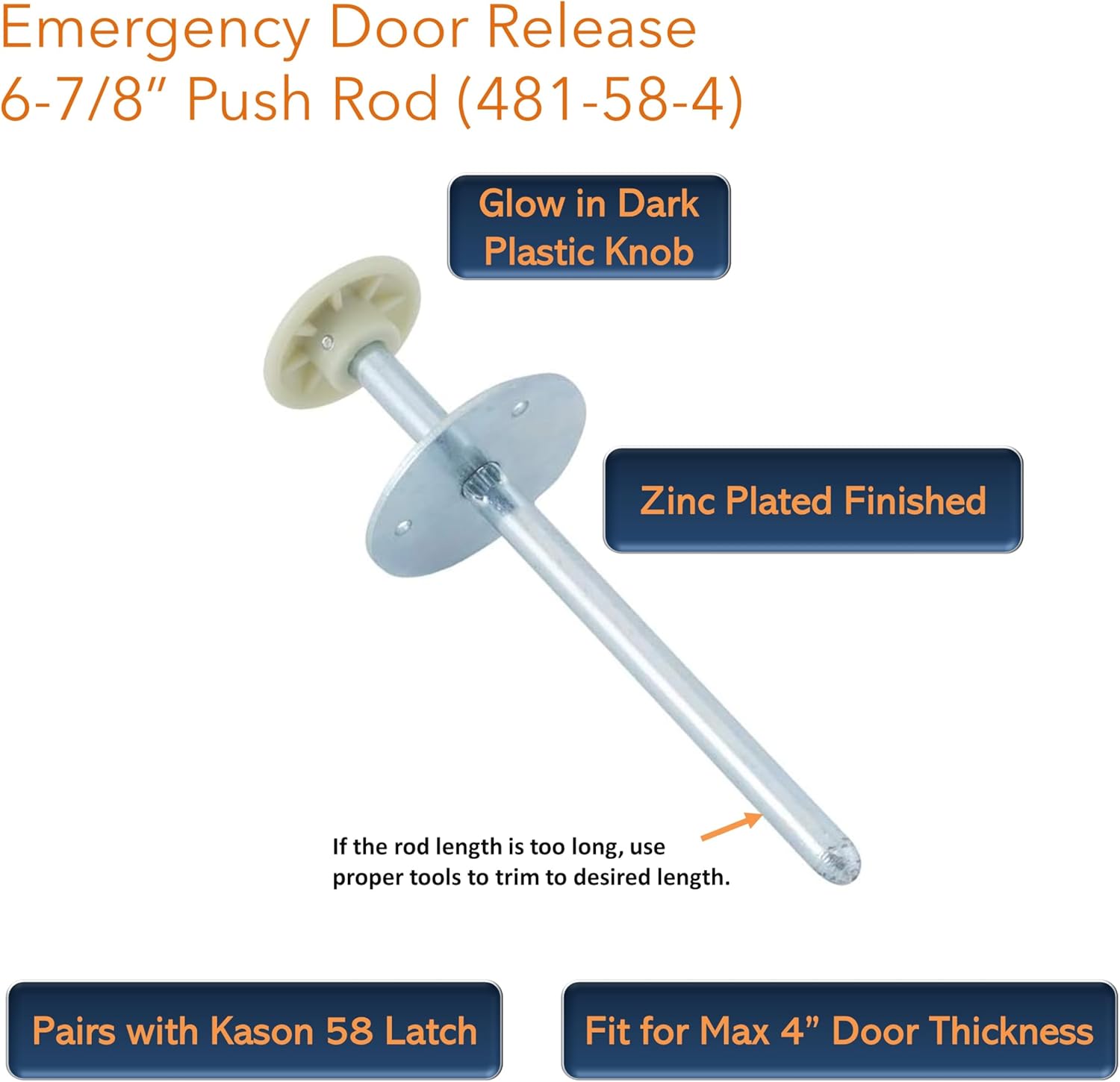 Awoco Kason 481 Inside Release Handle, Glow in Dark, Push Rod for 4" Thick Door of Walk-in Coolers and Freezers, Overall 6-7/8" (Steel 58 Short)