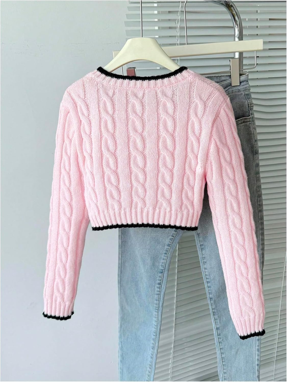 Girl's Bow Embroidery Cable Knit Cropped Sweaters V Neck Long Sleeve Preppy Pullover Jumper - Image 3