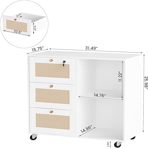 Miniatura 2 de AWQM Archivador de madera con cerradura, gabinete de almacenamiento de oficina móvil de 3 cajones con 2 estantes abiertos, soporte de impresora con