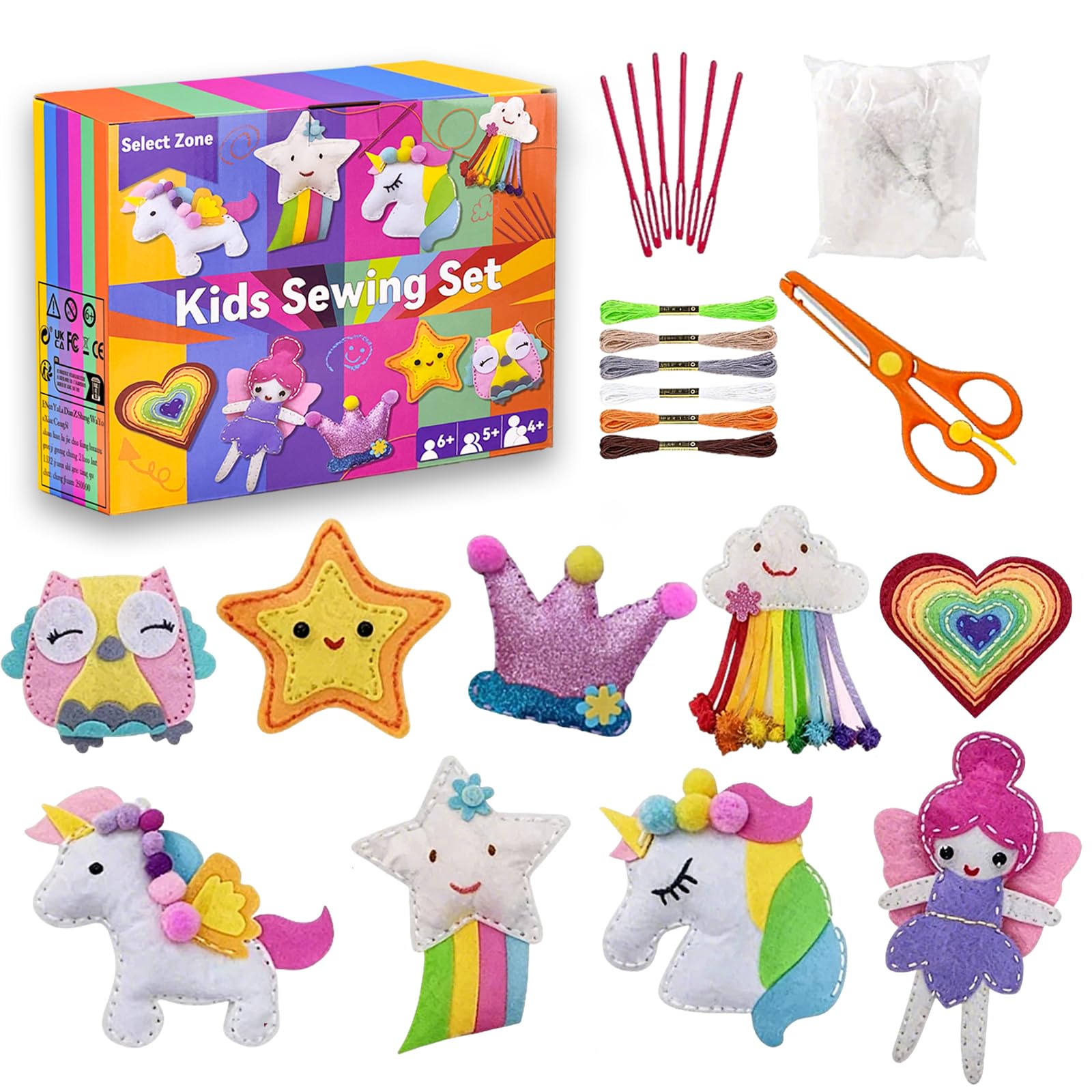 Select Zone DIY Nähen Kinder Bastelset Filz Bastelset mit Stickgarn Plastiknadeln Füllwatte Schere Prinzessin