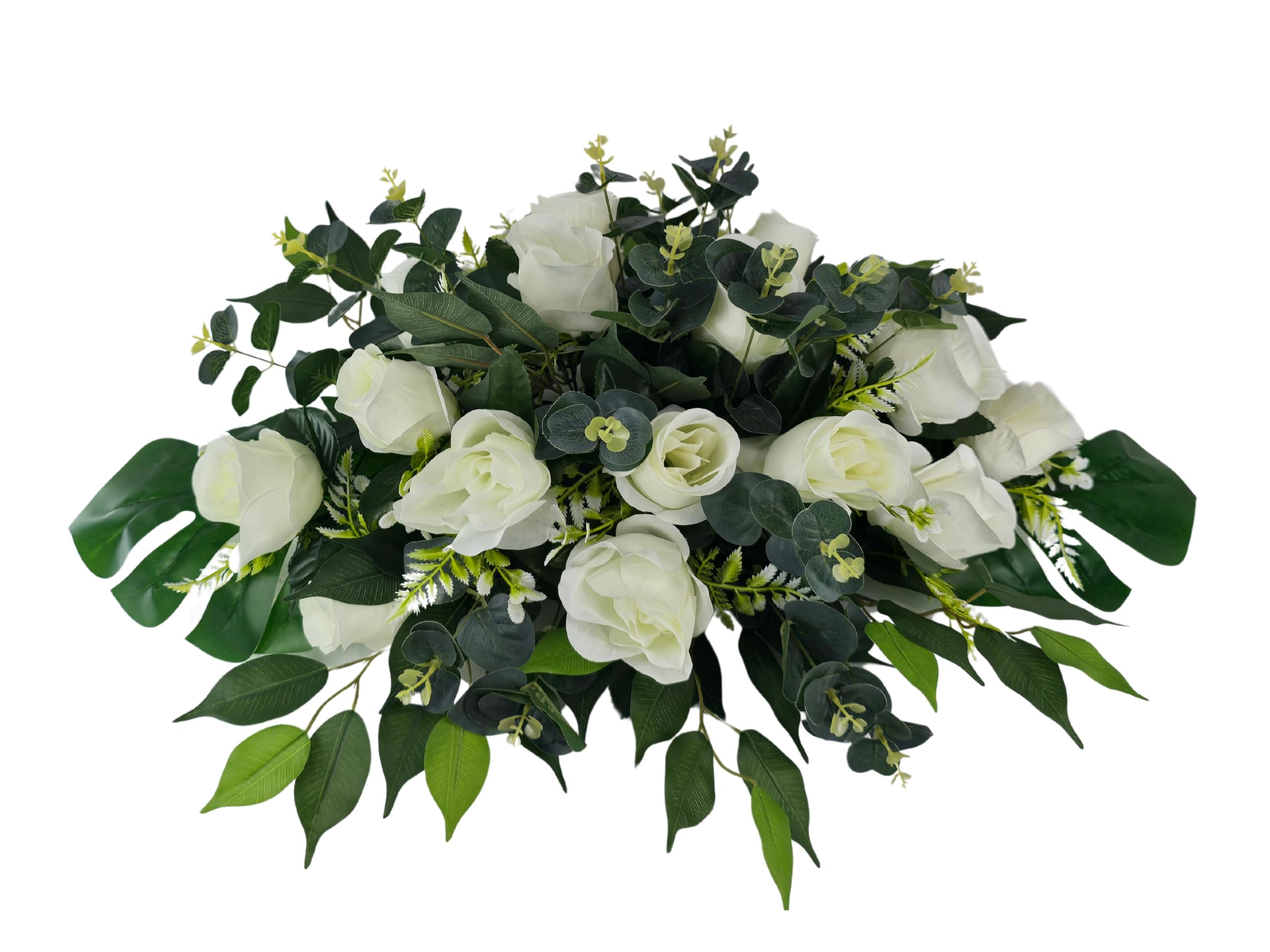 DRW Centro de Flores cojin Cementerio, procesiones, Iglesias Bodas o sepulturas Rosas Blancas y eucalipto Estilo Barco Artificiales 74x50x30