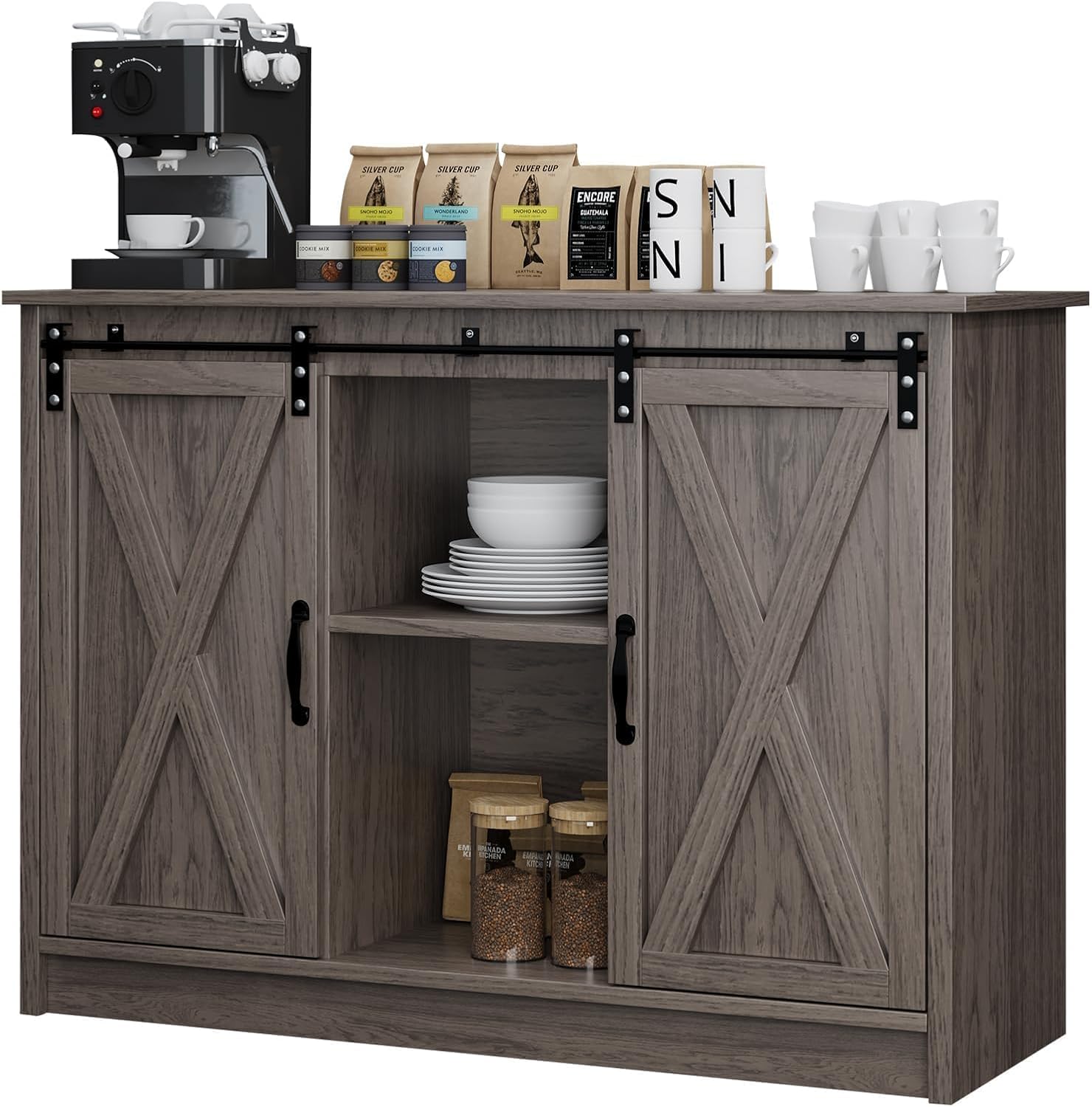 4 EVER WINNER Farmhouse Coffee Bar Cabinet with Sliding Barn Door, 42” Coffee Bar Table with Adjustable Shelves, Buffet Cabinet with Storage for Kitchen Living Dining Room, Wash Grey