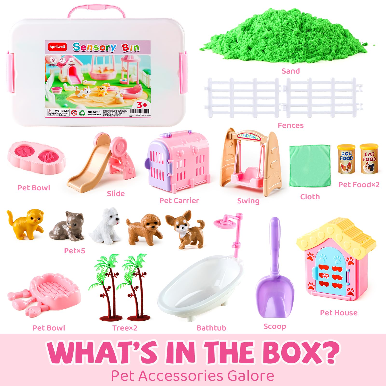 Aprilwolf 21 PCS Pet Sensory Bin, Dog & Cat Sandbox with Sand & Box, Play Sand Art Toys Kit, Pet Care Play Set, Beach Toys for Kids Ages 4-8, Birthday Gift Girls Boys 3 4 5 6 7 Years Old