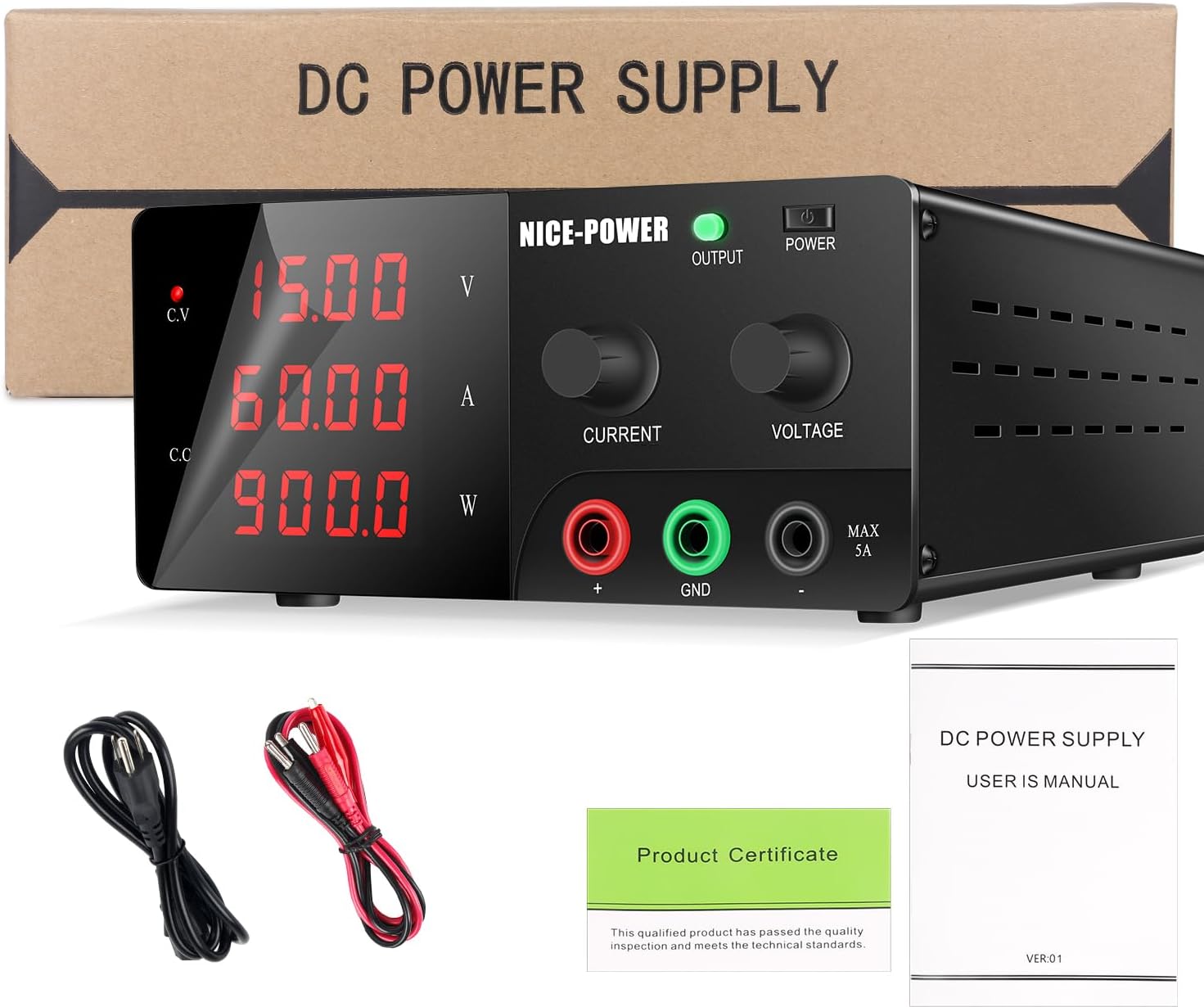 NICE-POWER DC Power Supply Variable, 0-15V 0-60A 900W High Power Bench Power Supply with Encoder Knob & Output Switch, Benchtop Adjustable Switching Regulated Power Supplies for Repair/Test