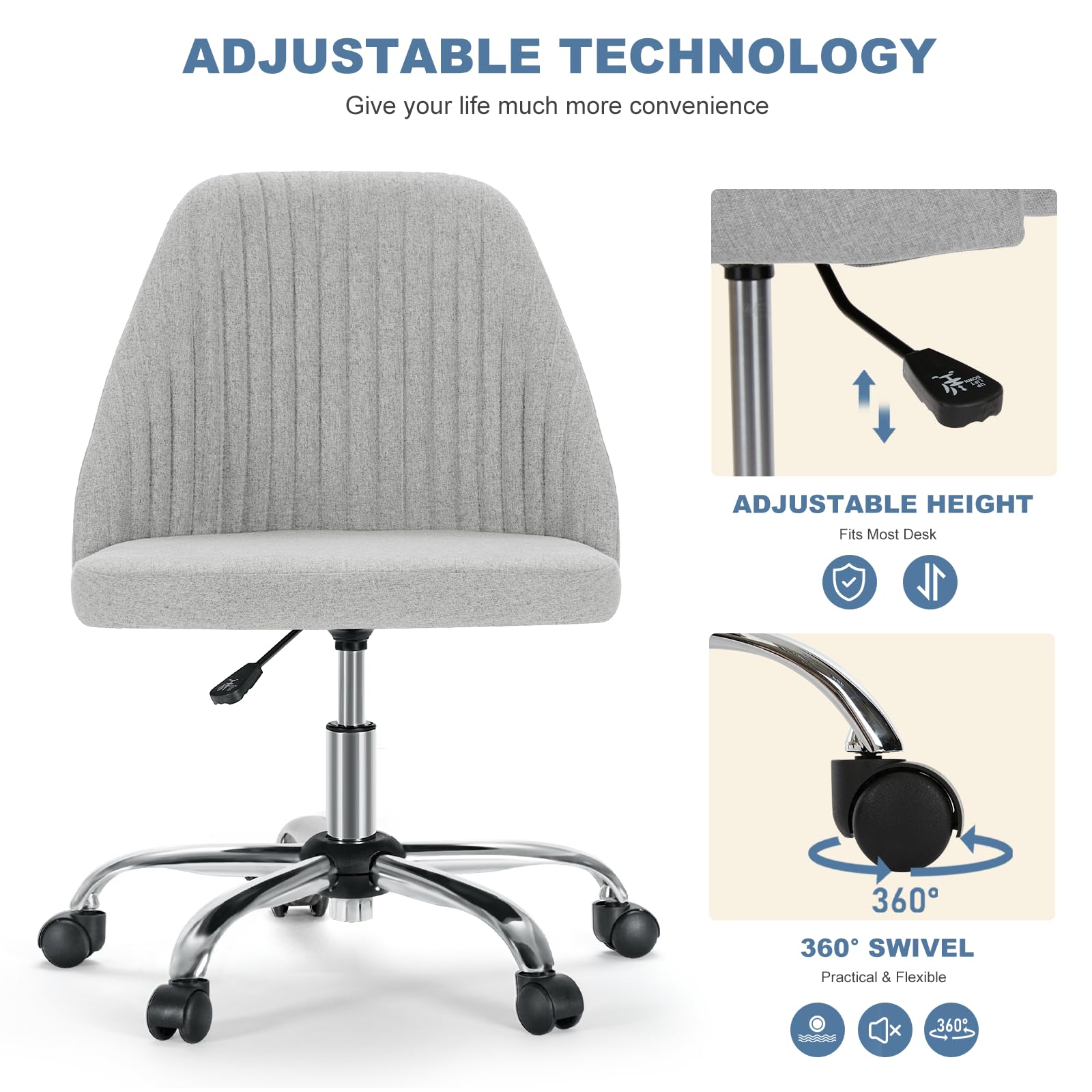 DUMOS Office Desk Chair, Small Cute Mid Century Modern Vanity Swivel Task Chairs with Wheels, Comfortable Back, Armless for Home, Bedrooms, Office, Study, Student, Dressing Room, Grey