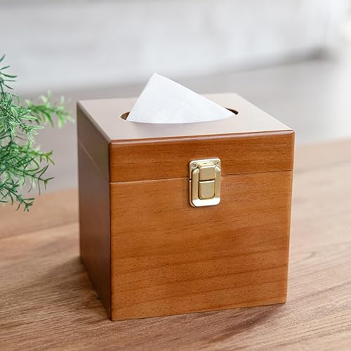 Cubierta cuadrada de madera para caja de pañuelos - Soporte de caja de pañuelos de madera con interruptor de metal retro, soporte de papel