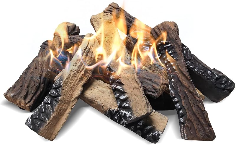 Leños grandes de cerámica para chimenea de gas, juego de 10 leña artificial realista para hoguera interior y exterior, sin ventilación y sin ventilación