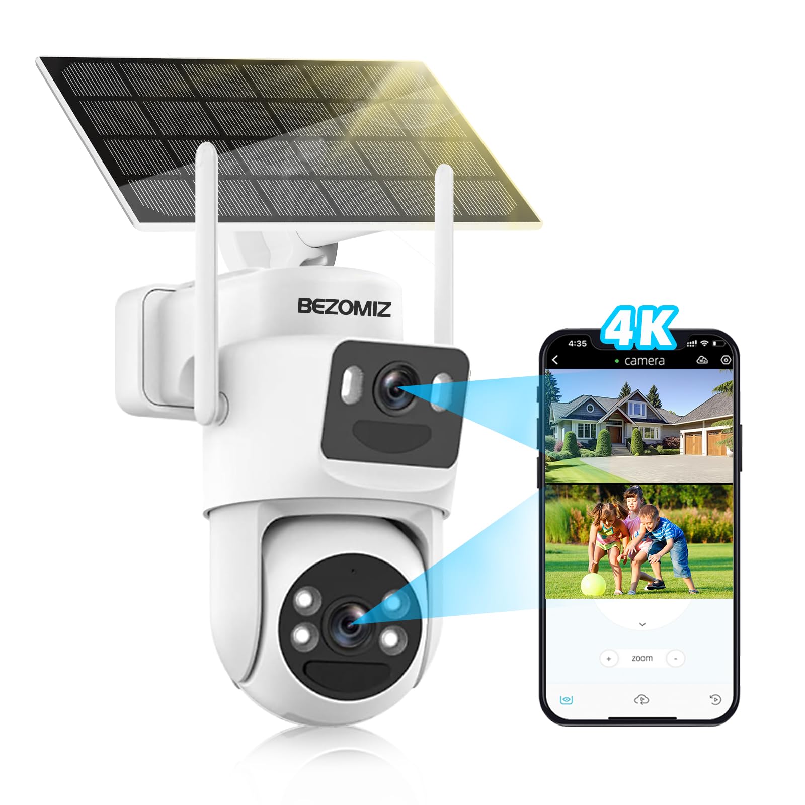 BEZOMIZ 4K - Cámara de vigilancia WiFi exterior inalámbrica solar, 2,4 GHz, cámara exterior doble lente con panel solar, 360 °, PTZ, 8 MP, visión nocturna color, audio bidireccional, sirena PIR, IP66