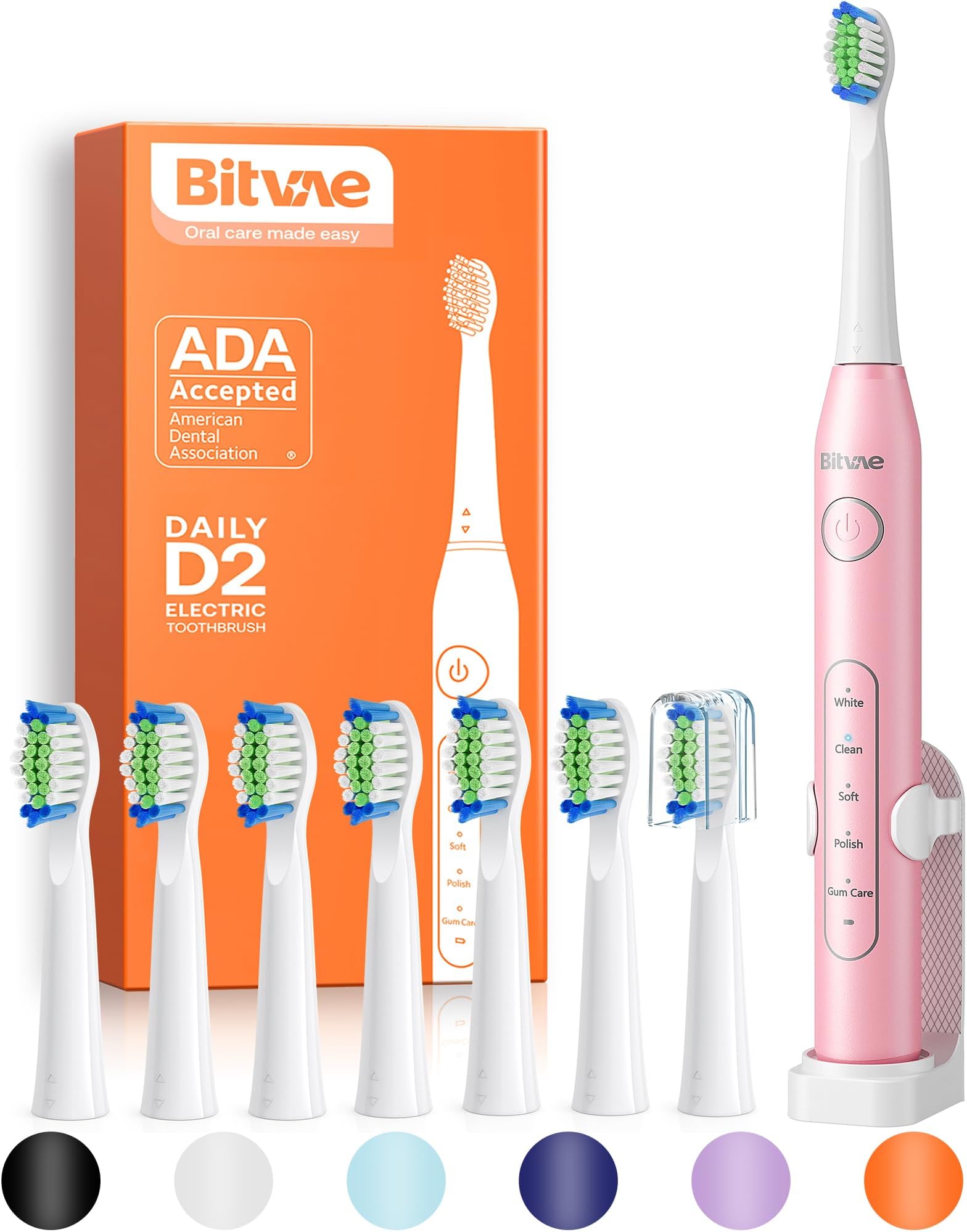 BitvaeUltrasonic Electric Toothbrush - Rechargeable Sonic Electric Toothbrush for Adults and Kids, Power Toothbrush with Holder, 8 Brush Heads, Smart Timer, Fast Charge, Pink D2
