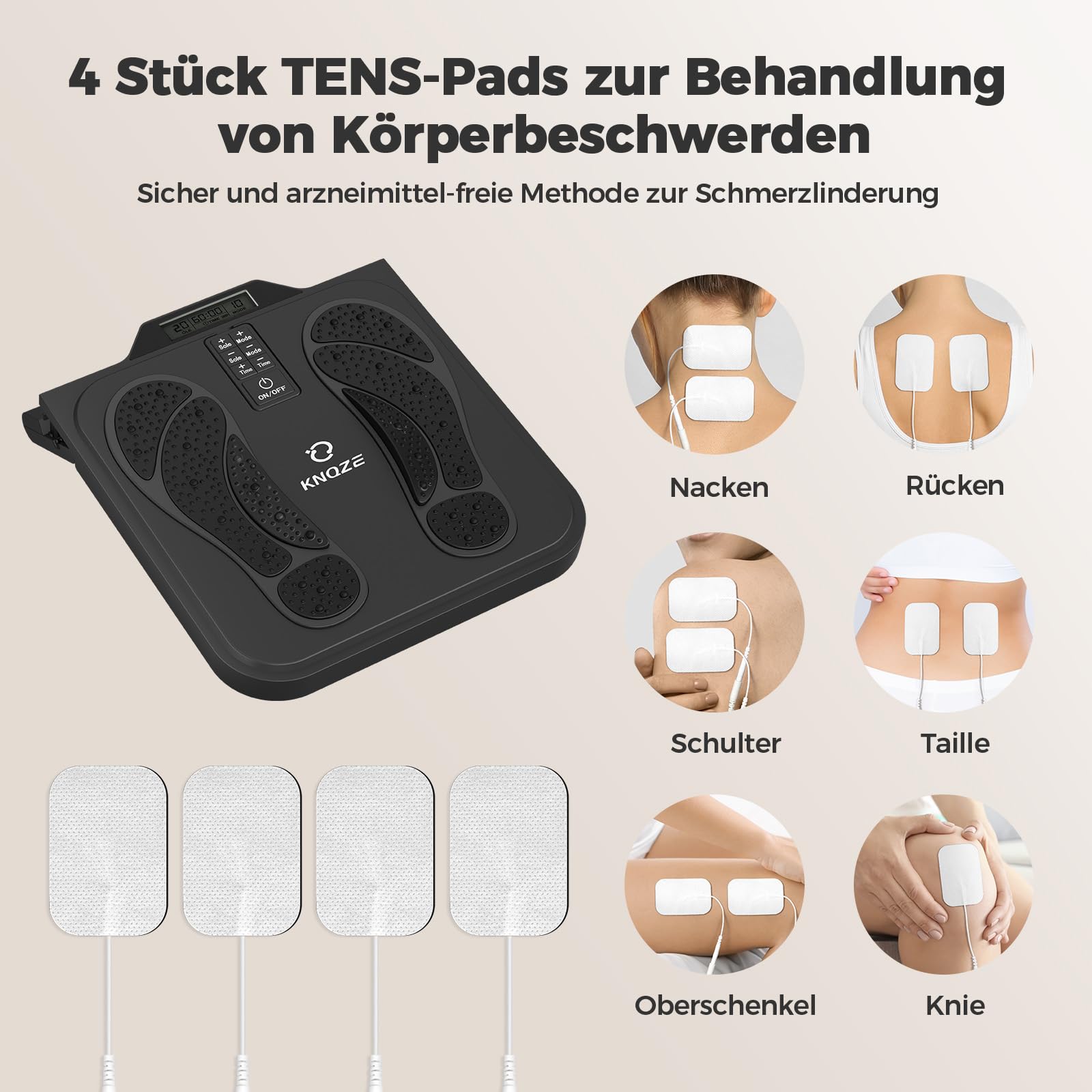 KNQZE EMS Fußmassager mit TENS, 10 Modi, 20 Stufen, 4 Elektroden, Schwarz | EMS-TENS-Fußmassager Durchblutungsstimulator, 10 Modi, 20 Stufen, 4 Pads, Gegen Schmerzen, Senioren & Büro, Schmerzlinderung