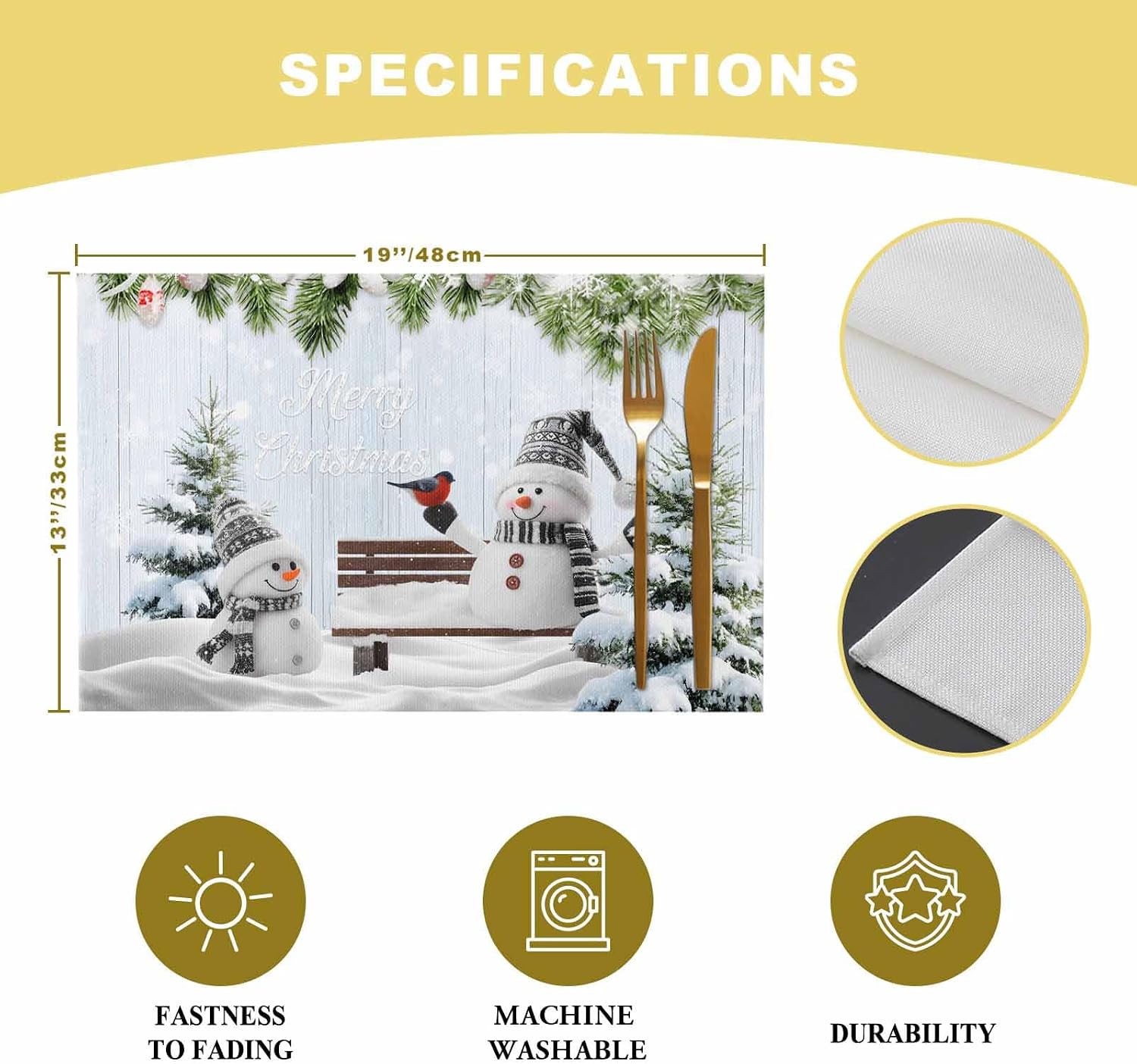Christmas Snowman Placemats Set of 4, Xmas Snowflake Tree Botanical Berry Placemats for Dining Table Place Mats for Kitchen Table Waterproof Table Mats, Wipeable Dining Table Set
