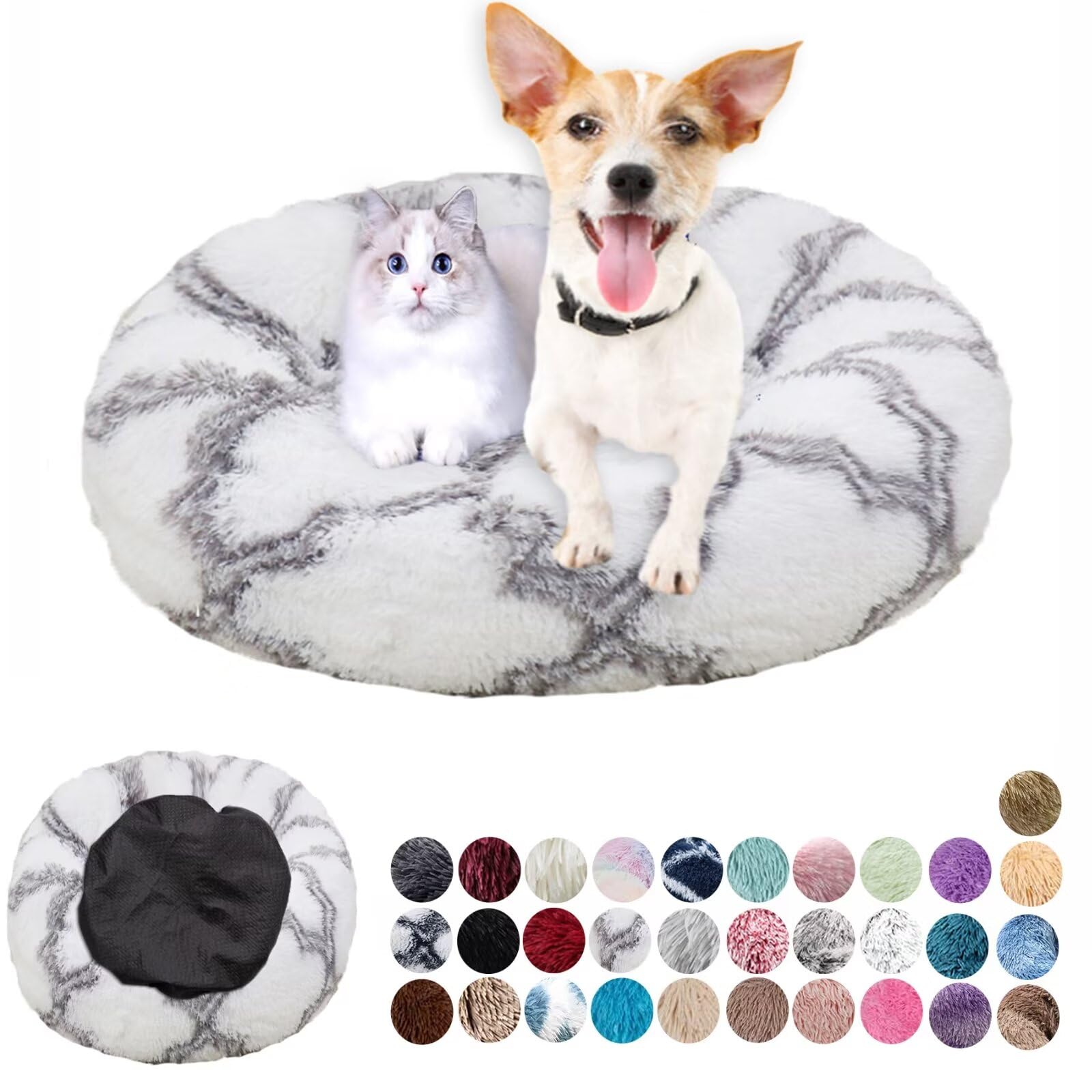 Soft Fluffy Round Dog House - Calming Plush Anti-Anxiety, Anti-Slip Cat Bed - Easily Washable - Improving Sleep - Warm, Small to Large - White, Gray - 80cm