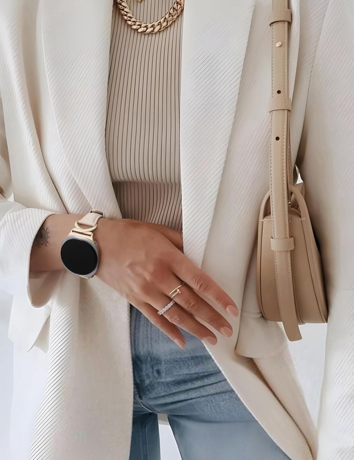 Minyee Leather Band Compatible with Samsung Galaxy Watch 8 40mm 44mm/ 8 Classic 46mm Bands, No Gap One-Click Slim Thin Dressy Leather Strap with C-Shape Metal Buckle Women, NOT for Other Models - Image 5