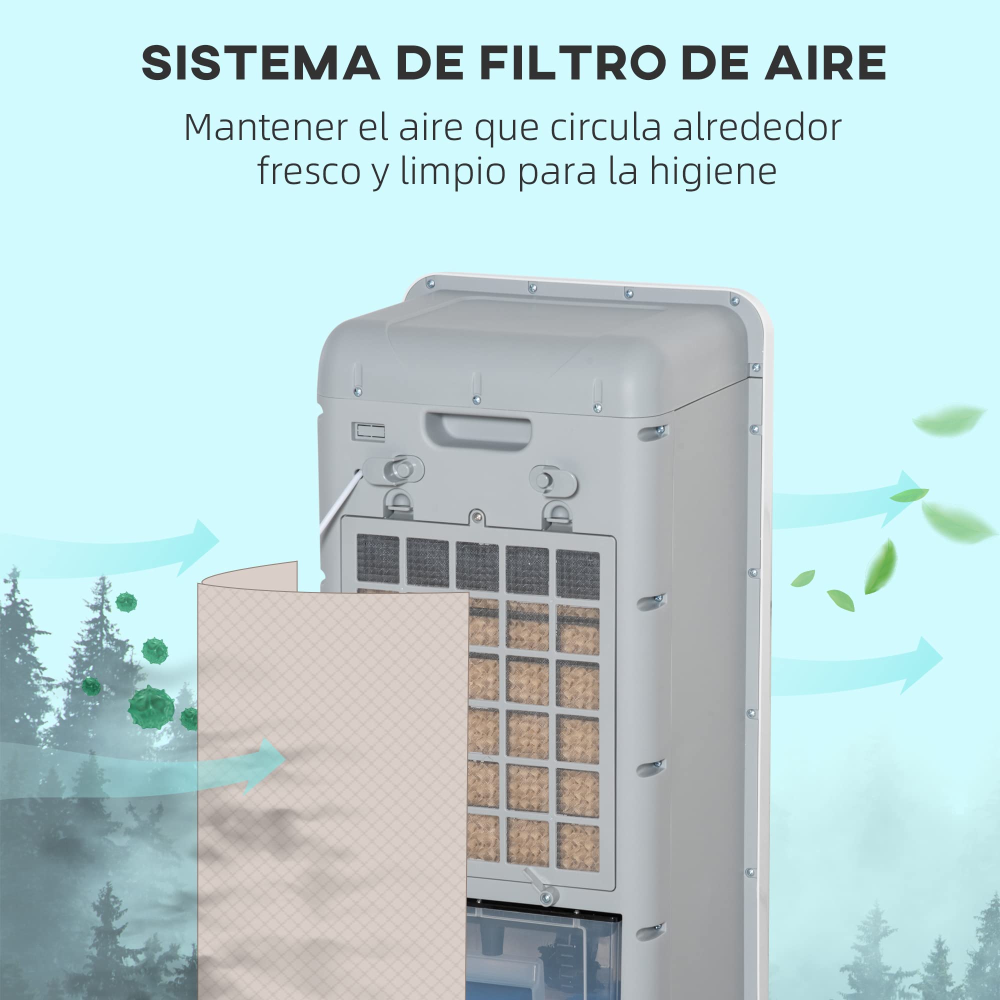 HOMCOM Climatizador Evaporativo Bajo Consumo 4 en 1 Depósito 12L Humidificador Climatizador Iones Negativos Control Remoto 3 Modos 3 Velocidades Temporizador 12 h Pantalla LED Táctil 38x35x81cm Blanco
