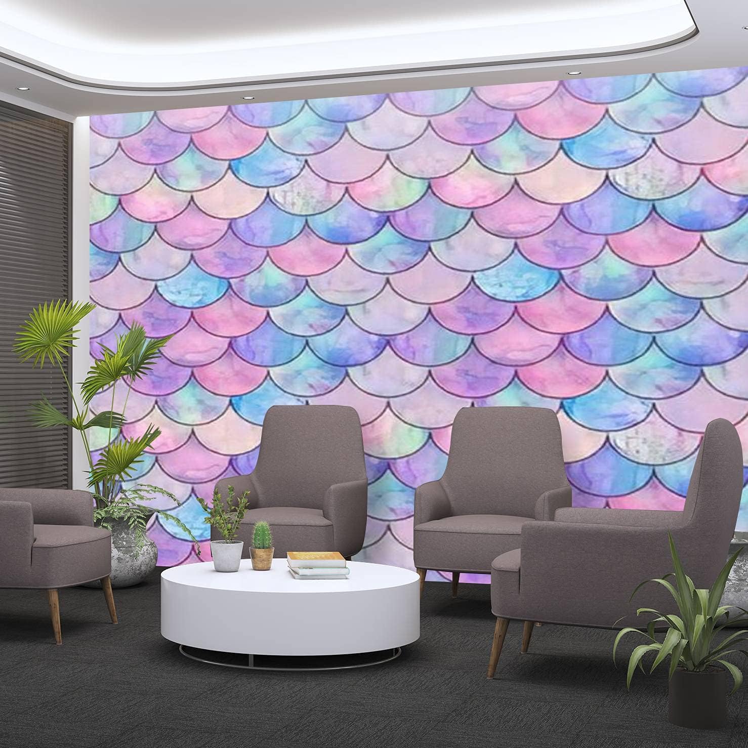 Mermaid fish scale wave japanese magic seamless pattern Watercolor PVC Wallpaper Removable Self-Adhesive Contact Paper Peel and Stick Waterproof Wallpaper Indoor Decoration Living Room TV Backdrop