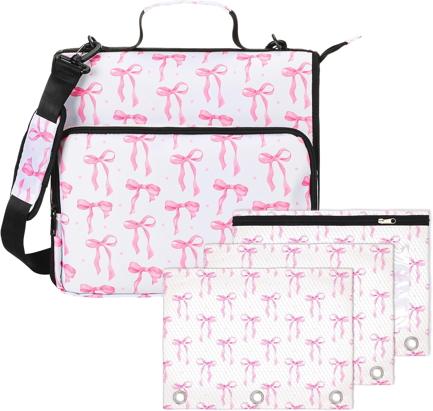4 Pcs Pink Bow Coquette Zipper Binder with Pouch Bag Set 1.5 Inch 3-Ring Expanding Folders with Shoulder Straps and Handle Bowknot Keeper Watercolor Zipper Case for Office