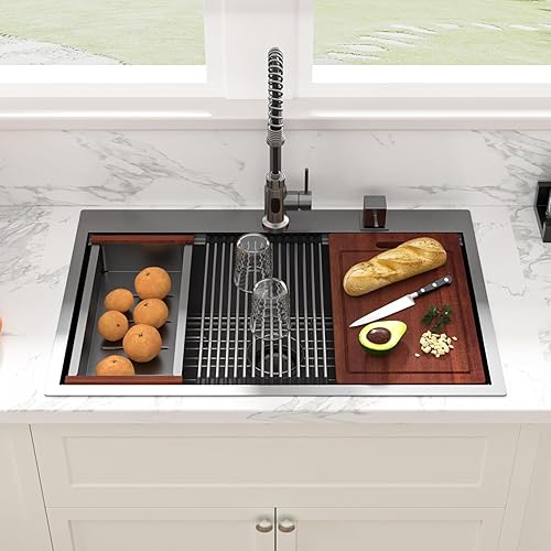 Miniatura 17 de Sarlai Fregadero de barra de 21 gotas de acero inoxidable - Fregadero de cocina de 21 x 20 pulgadas, estación de trabajo de montaje superior, acero