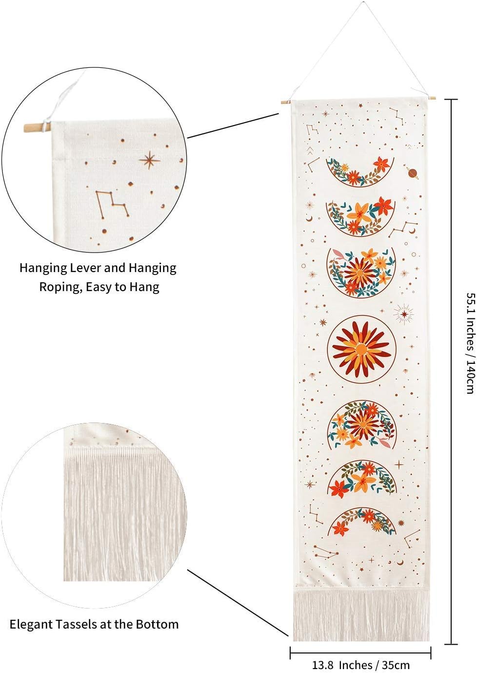 mchatte Moon Phase Tapestry Wall Hanging Black Moon Stars Vertical Tapestry for Men Moon Phases Wall Art Small Long Tapestry for Bedroom, Living Room Decor (white flower)